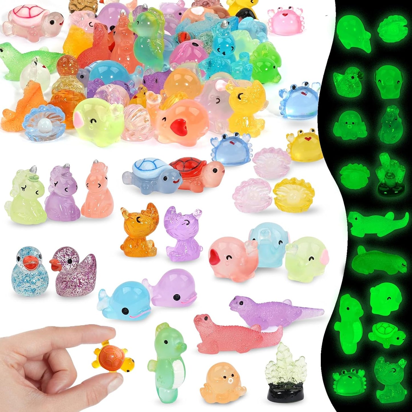 Luminous Mini Resin Animals Figures to Hide, 72 PCS Small Animal Figurines Tiny Plastic Animals Bulk Glow in The Dark, Little Ducks Miniature Turtles Micro Unicorns for Fairy Garden Aquarium Decor