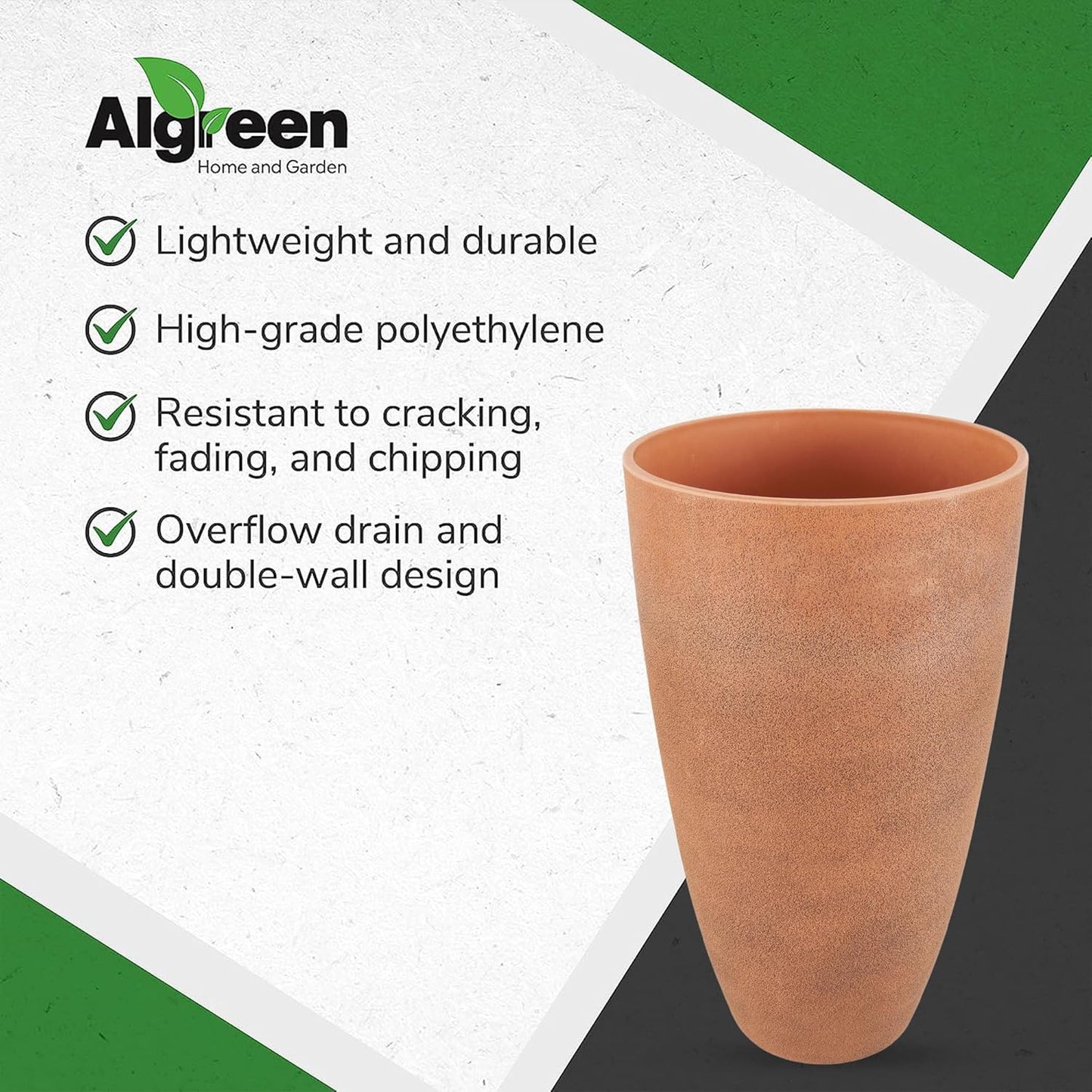 Algreen 43729 Acerra Weather Protected Recycled Composite Vase Planter Pot, Indoor or Outdoor use, Tall Lightweight 7 pounds, Rust