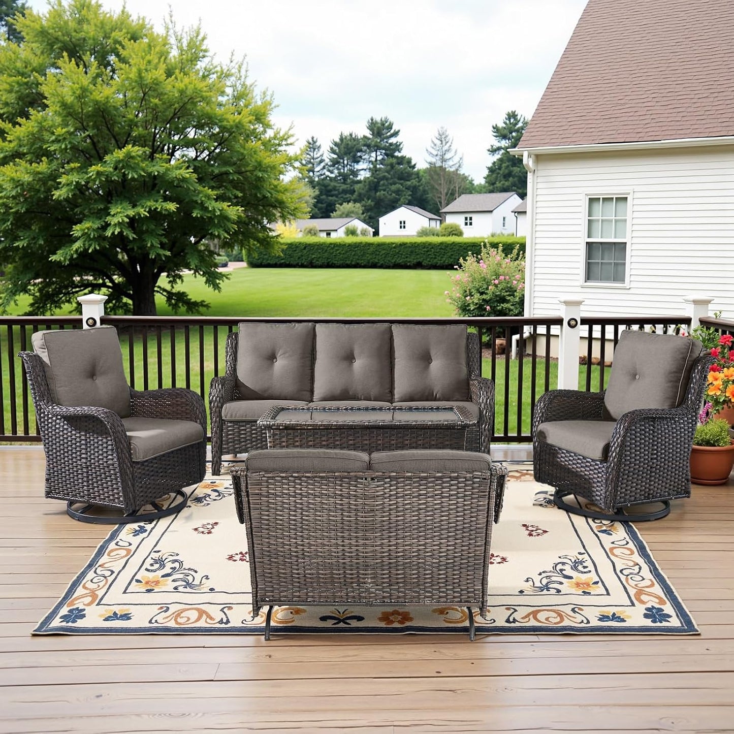 5 Piece Outdoor Patio Furniture Set - Outdoor Conversation Couch and Loveseat Glider Chair Furniture Set with Rattan Coffee Table for Deck Balcony Poolside Brown Wicker/Grey Cushions
