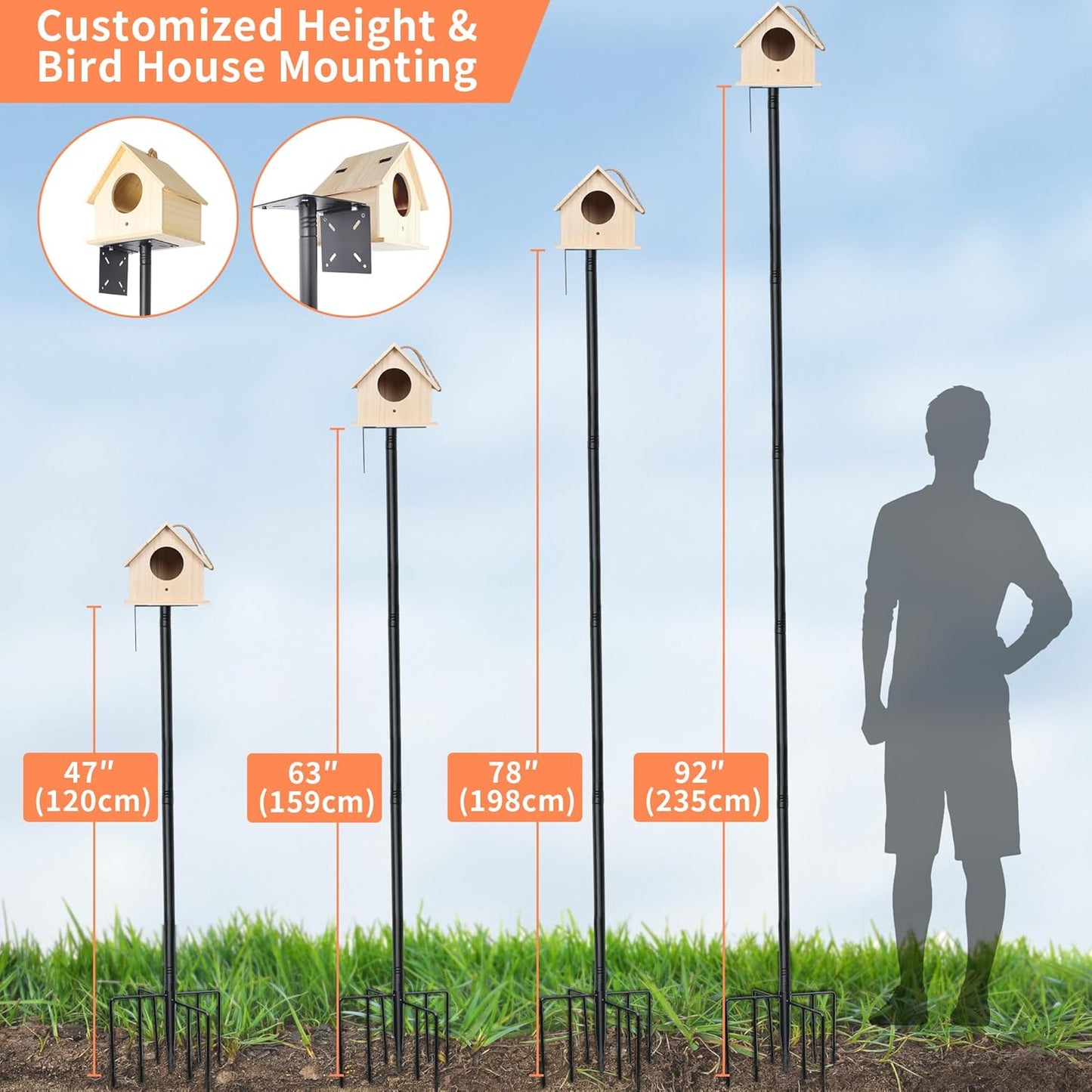 eWonLife 92 Inch Bird Feeder Pole with Squirrel Baffle & Upgraded 9-Prong Base, Adjustable Bird House Pole for Outdoors Heavy Duty, Bird Feeder Stand Post Station with 4 Shepherd Hooks, Birdbath, Tray