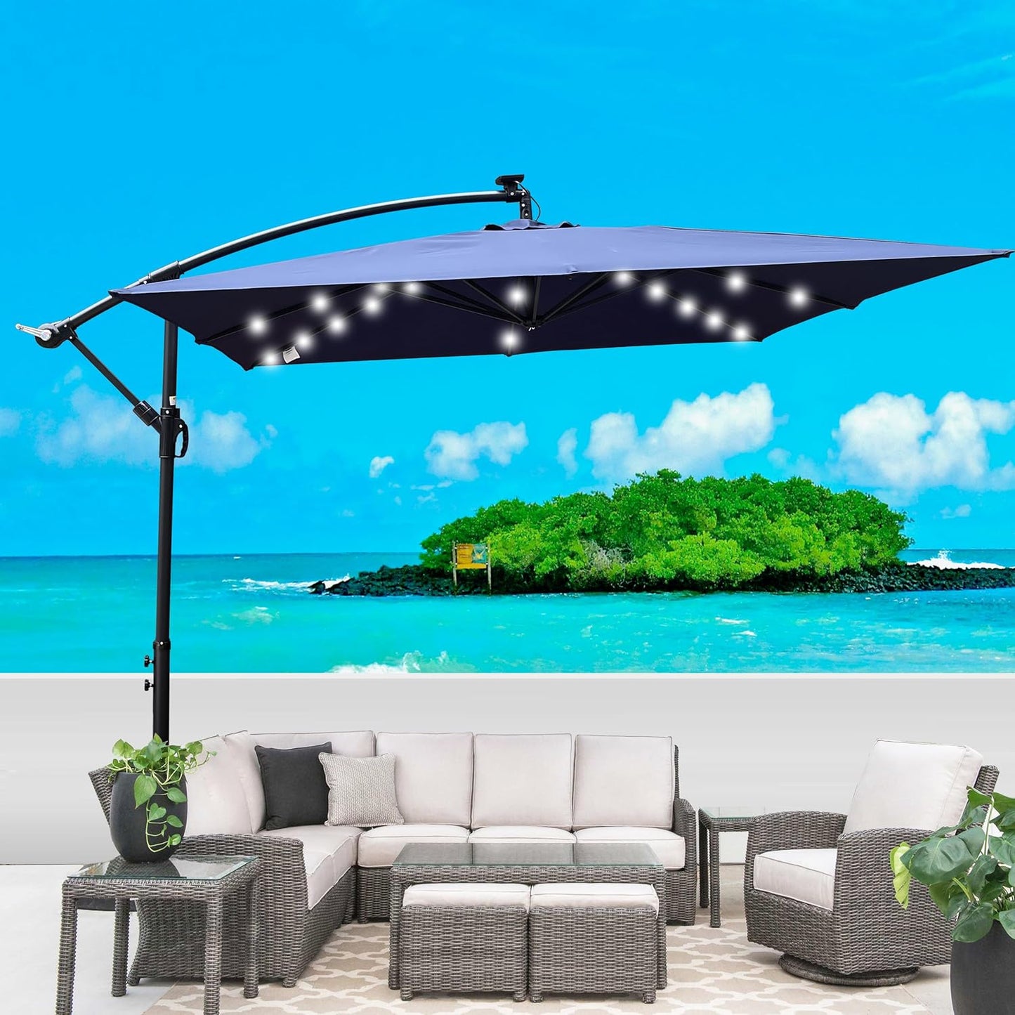 8x8FT Patio Umbrella, Outdoor Offset Umbrella with Cross Base and Crank, Square Cantilever Umbrella with Solar Lights, Hanging Market Umbrella with 8 Rids for Pool, Deck, Backyard (Navy Blue)