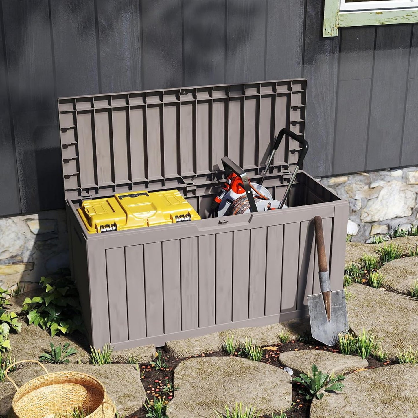 90 Gallon Lockable Resin Deck Box with Wheels, Waterproof & UV-Resistant Outdoor Storage Box for Outdoor Cushion Storage, Garden Tools & Pool Accessories Storage, Gray