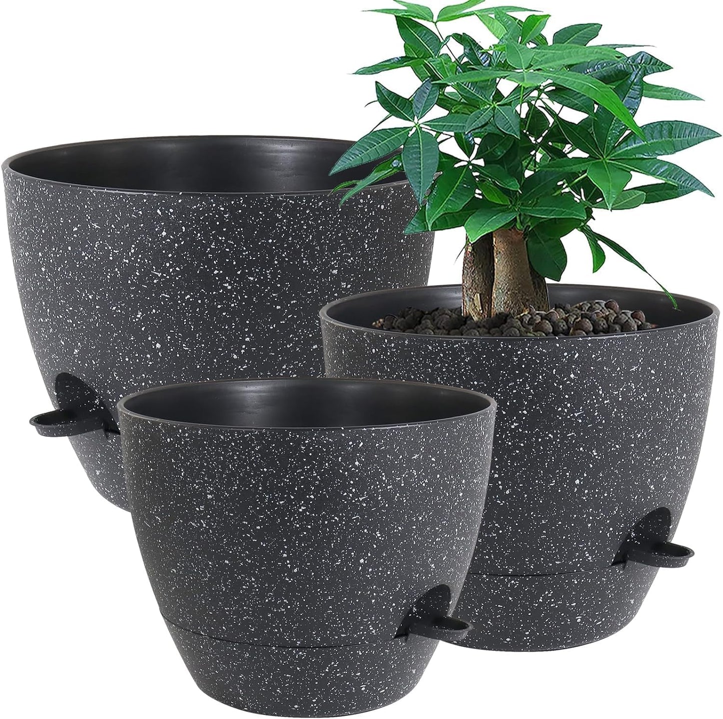 Large Self Watering Pots, 12/10/9 Plastic Planters with High Drainage Holes and Deep Reservoir for Indoor Outdoor Garden Plants and Flowers, Black Speckles