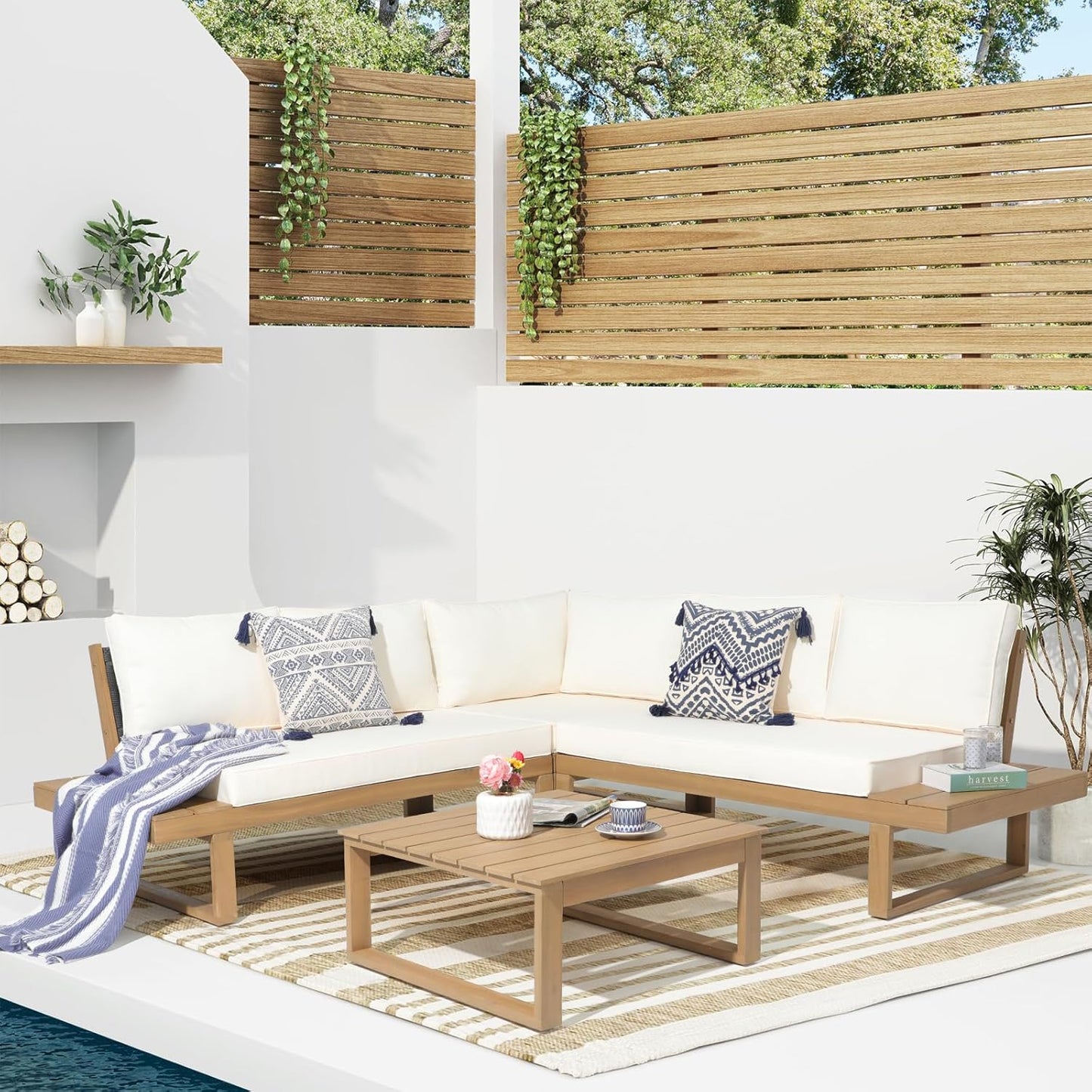 Soleil Jardin 4 Piece Acacia Wood Patio Furniture L-Shaped Outdoor Sectional Sofa Set with Coffee Table, FSC Certified Conversation Set with Built-in Side Table and Cream White Cushions for Garden
