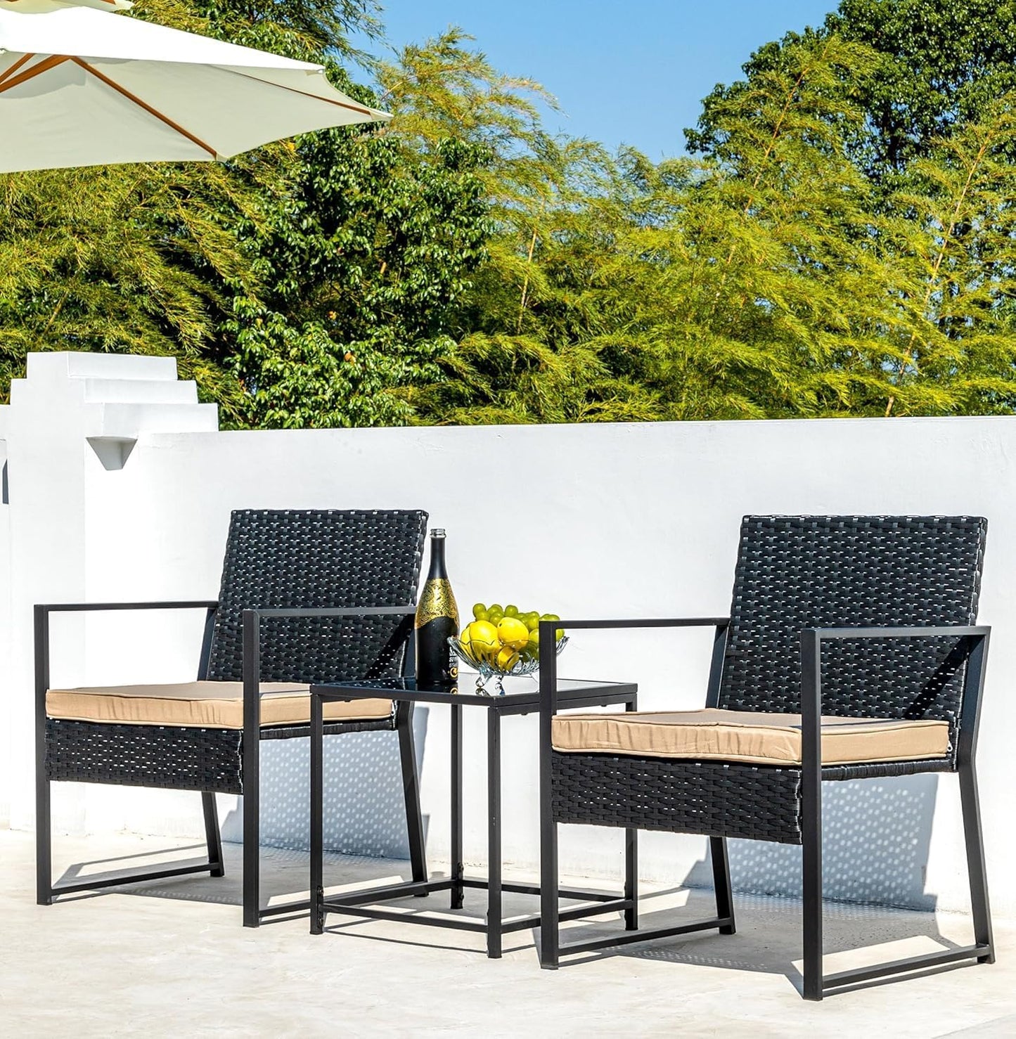 Patio Furniture Set,Wicker Bistro Set 3 Pieces Outdoor Furniture,Rattan Table and Patio Chairs Set for Balcony,Yard,Porch and Deck（Khaki