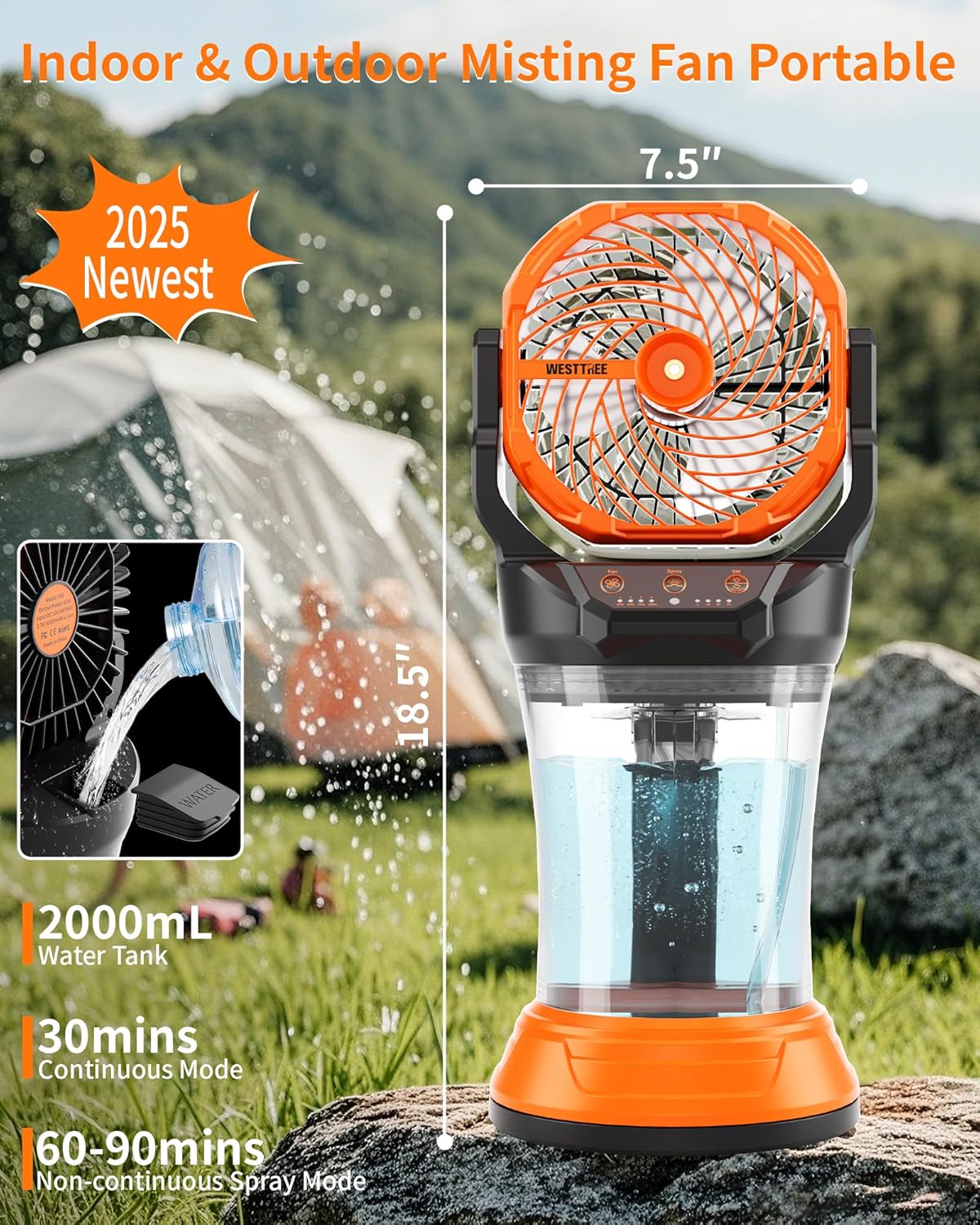 Portable Misting Fan with Large Battery Fan-Rechargeable Outdoor Misting Cooling Fans with 2L Water Tank,RGB Lights,4 Speeds & Spray Modes-for Patio, Camping, Beach, Workshop (X65 Orange)