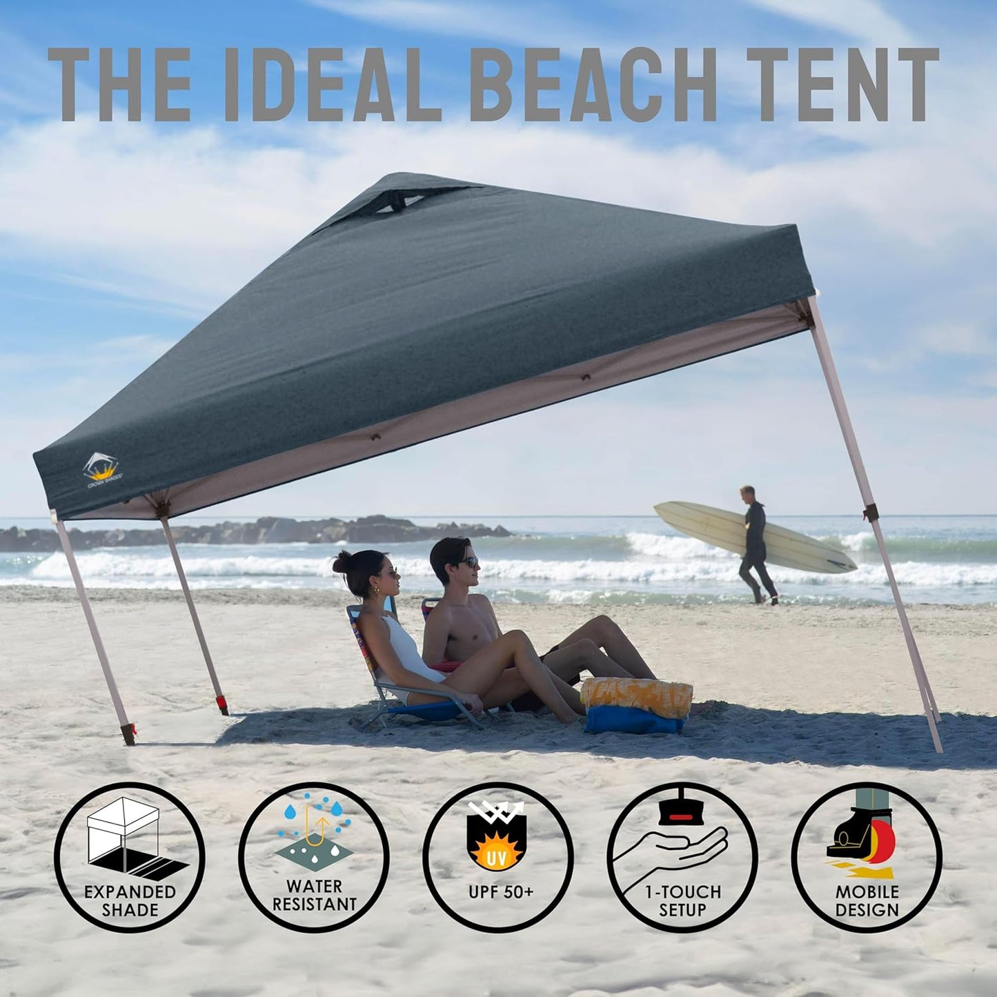 CROWN SHADES 10x10 Pop Up Canopy Tent - Patented Center Lock One Push Instant Outdoor Canopy Beach Tent with STO-N-Go Bag 8 Stakes & 4 Sand Bags，Grid Grey