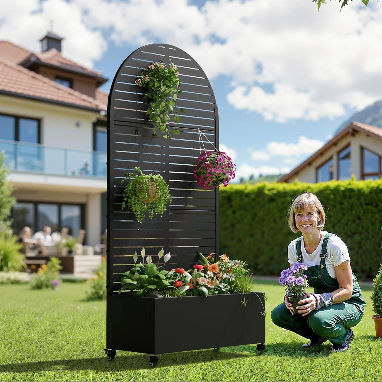 Casaphoria Metal Raised Garden Bed with Trellis and Wheels, 72"x35"x16" Arched Planter Box for Climbing Plants, Vegetables & Vines, Features Drainage Holes and Privacy Screen (Black-Louvered)