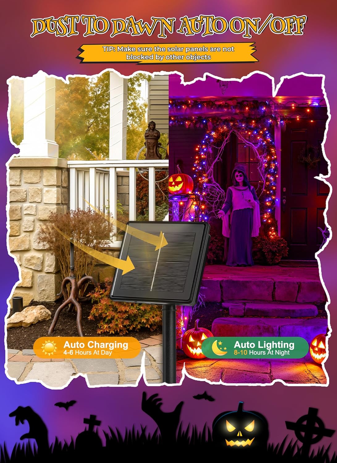Brightown 4 Pack Solar Halloween String Lights, Total 184FT 480 LED Solar Lights Outdoor Waterproof Black Wire with 8 Modes, Solar Fairy Light for Garden Yard Patio Party Decors, Orange and Purple