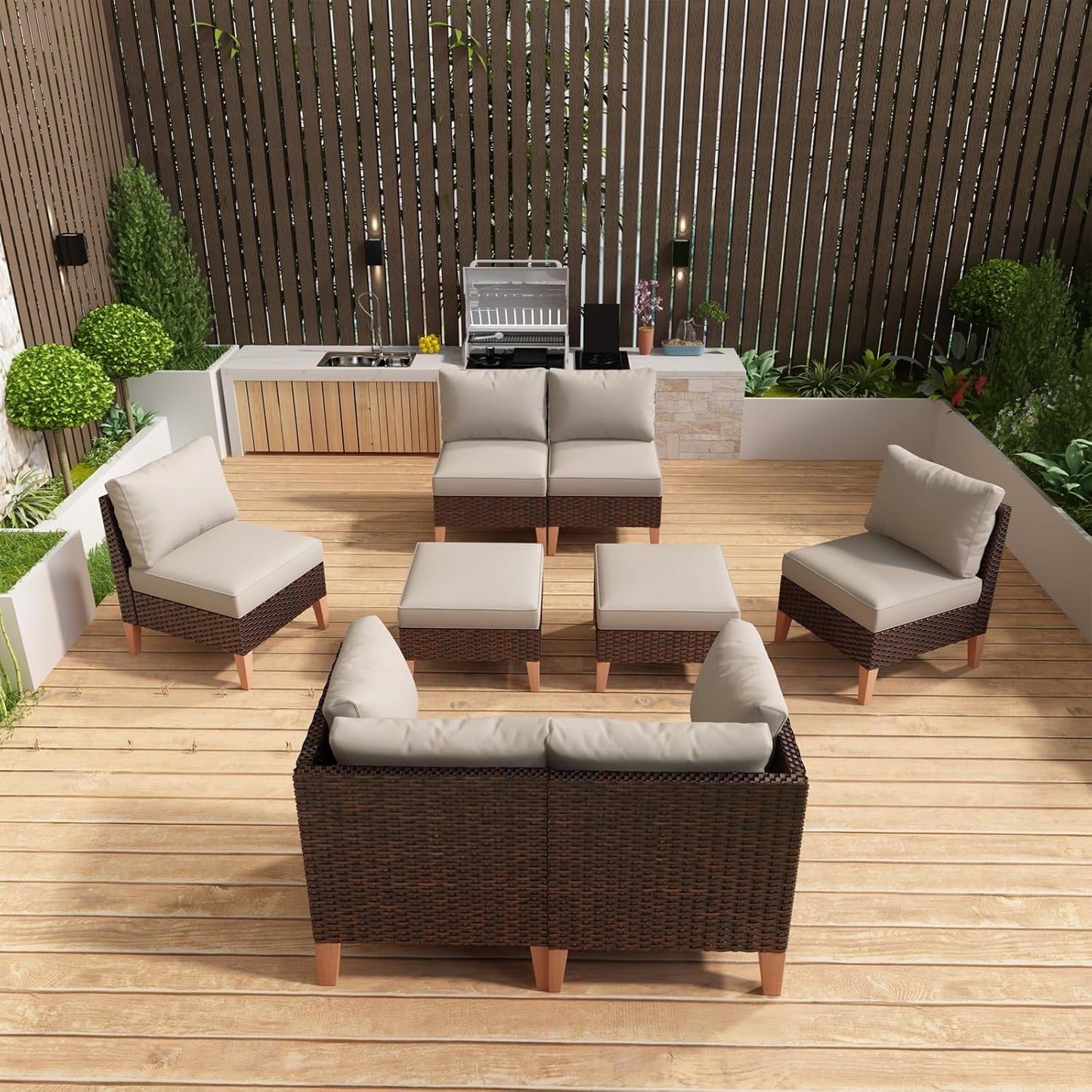 HUMMUH 8 Pieces Patio Furniture Set,Outdoor Modular Sectional Couch Chairs with Ottomans,All Weather PE Wicker Patio Conversation Sets for Garden Porch Backyard