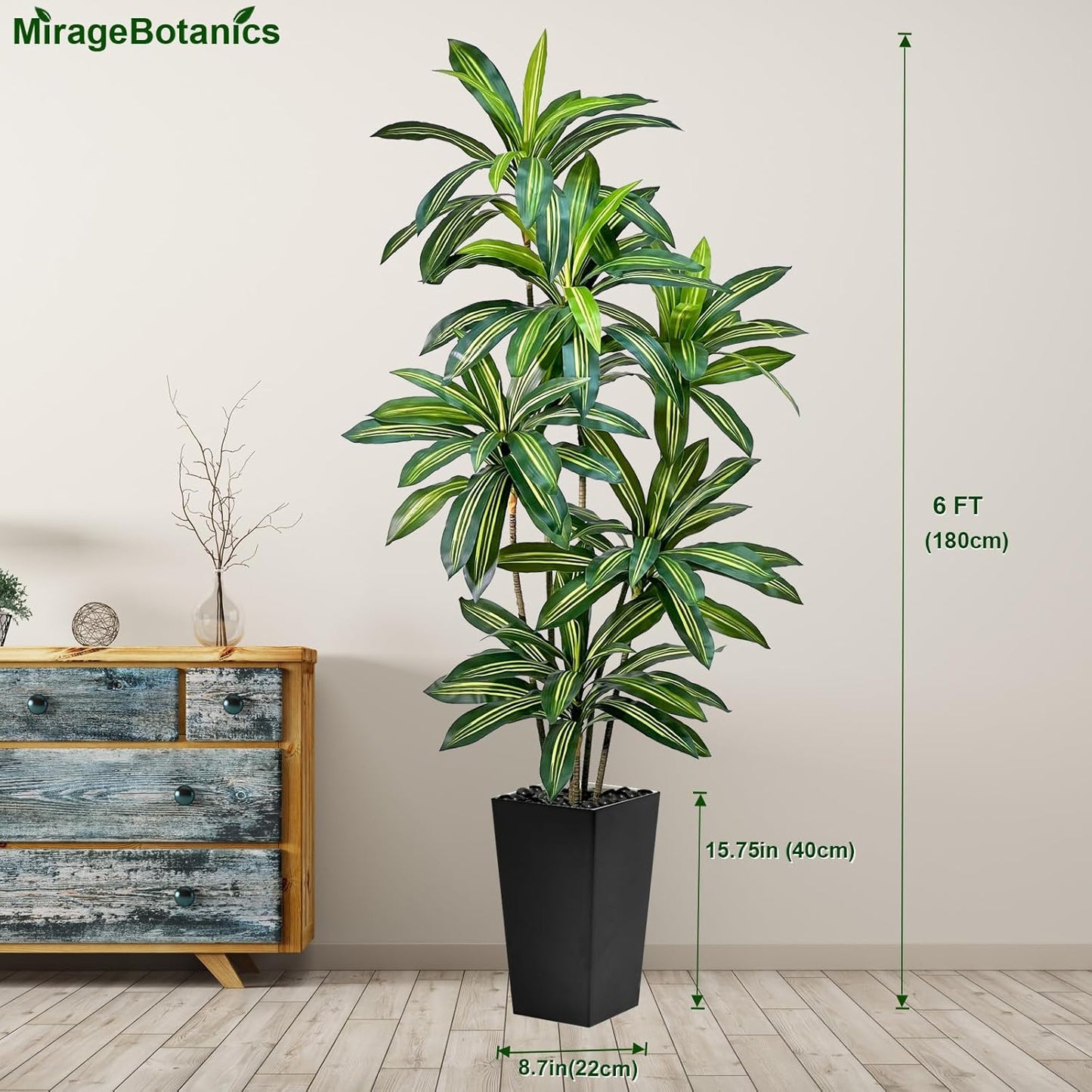 Artificial Dracaena Tree 6FT Tall Fake Plant with White Pot - Realistic Faux Dragon Tree with Tall Planter - Indoor Floor Plant for Home, Office,Mall, Living Room, Bedroom Decor (Black - Planter, 6ft)