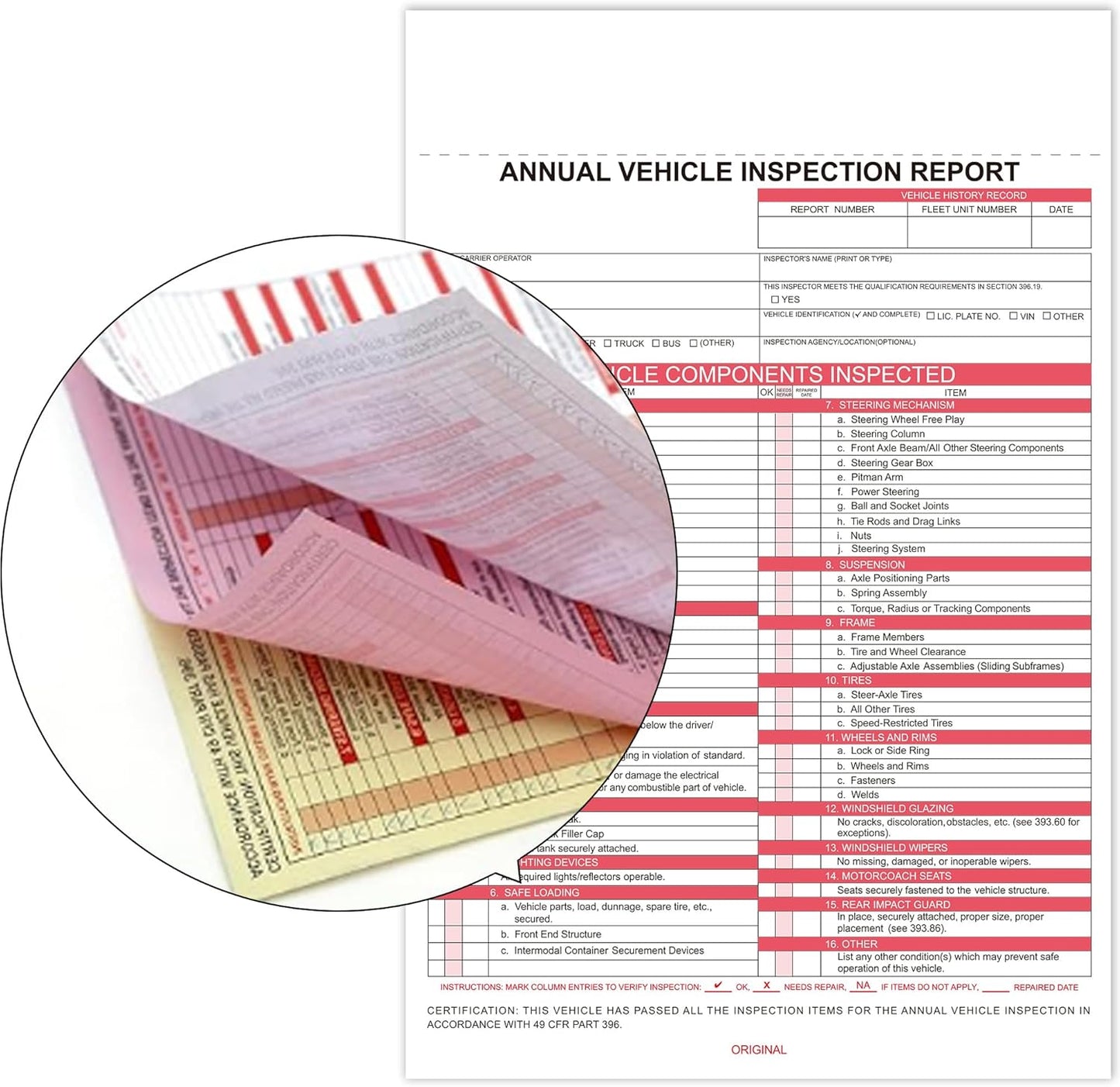 30-Pack Annual Vehicle Inspection Report Form & Adhesive Vinyl Label 2-Ply,3-Ply Carbonless Form DOT Compliant