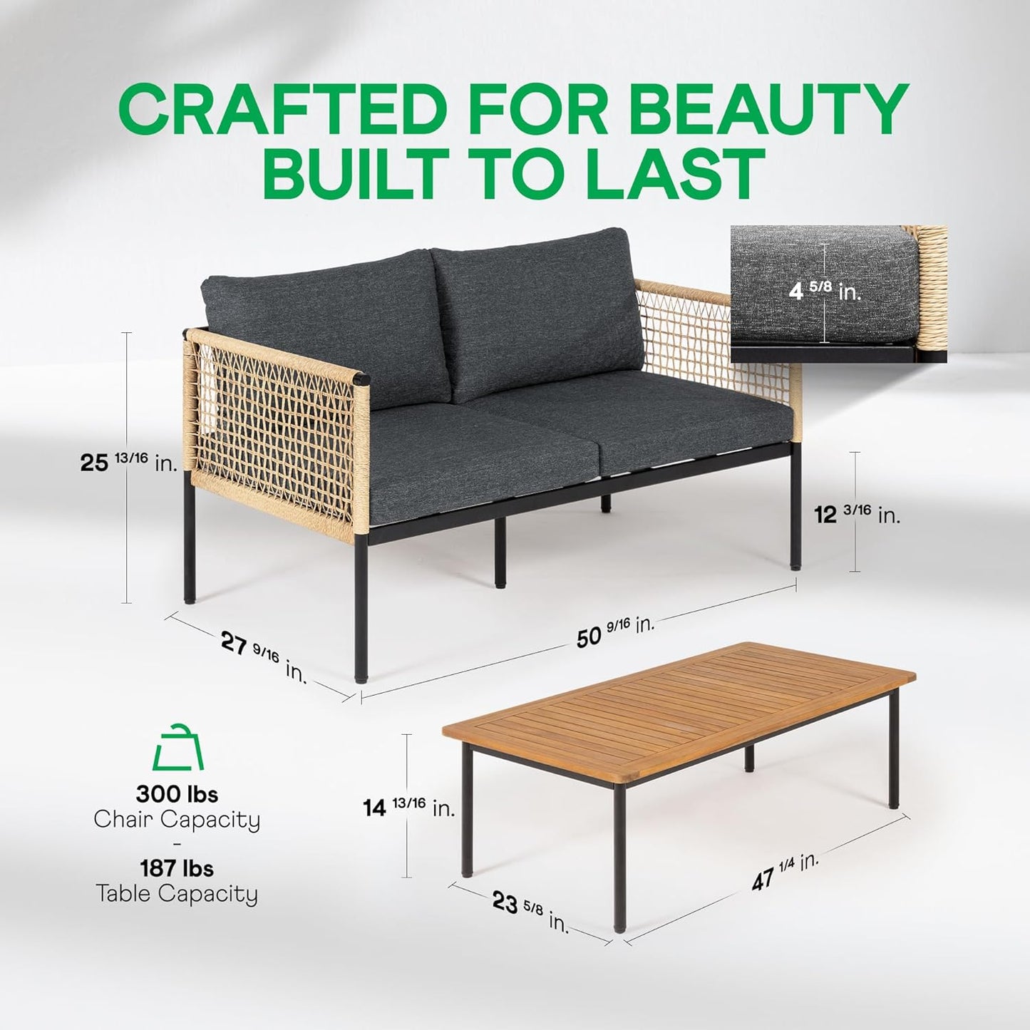 Idzo Oscar Wicker Metal Loveseat with Coffee Table – Black, 2-Seater Outdoor Sofa Set for Small Patios, Balcony or Garden, Heavy-Duty Love Seat Couches for Relaxing and Entertaining