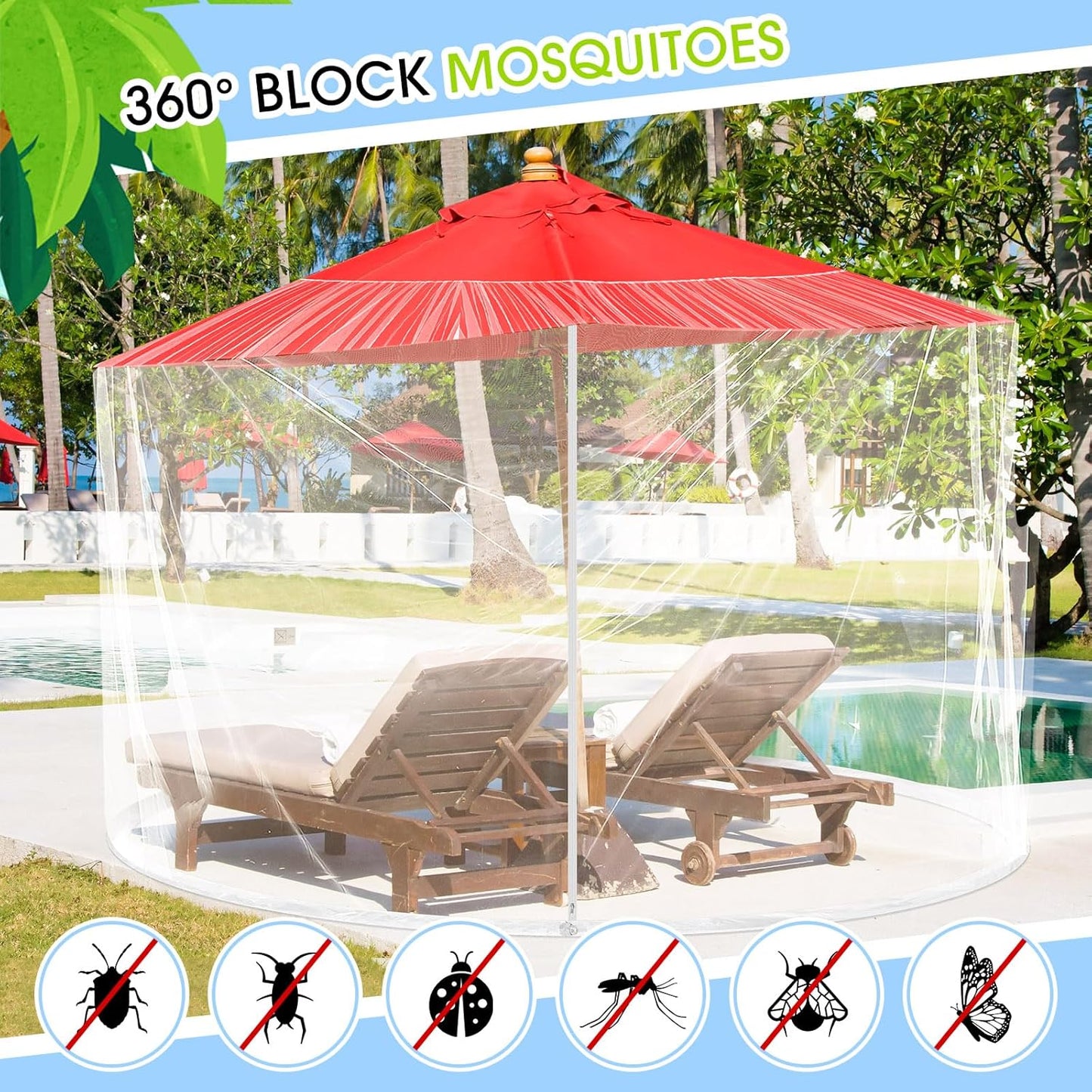 Windyun 2 Pcs 7 to 10 ft Patio Umbrella Mosquito Netting with Double Zipper Door, Screen Universal Hanging Mosquito Net for Patio Polyester Mesh Umbrella Screen for Outdoor and Patio Tables(White)