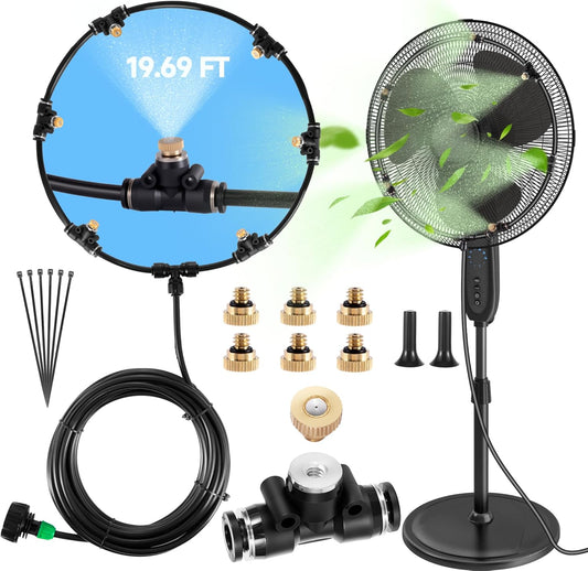 Anti Leak Misting Fans for Outside,Outdoor Misting Fan Kit,19.69FT(6M) with 6 Brass Nozzle + 6m Line + 3/4" Adapter Water Mist Sprayer for Backyard Patio, Perfect for Outdoor Cooling System