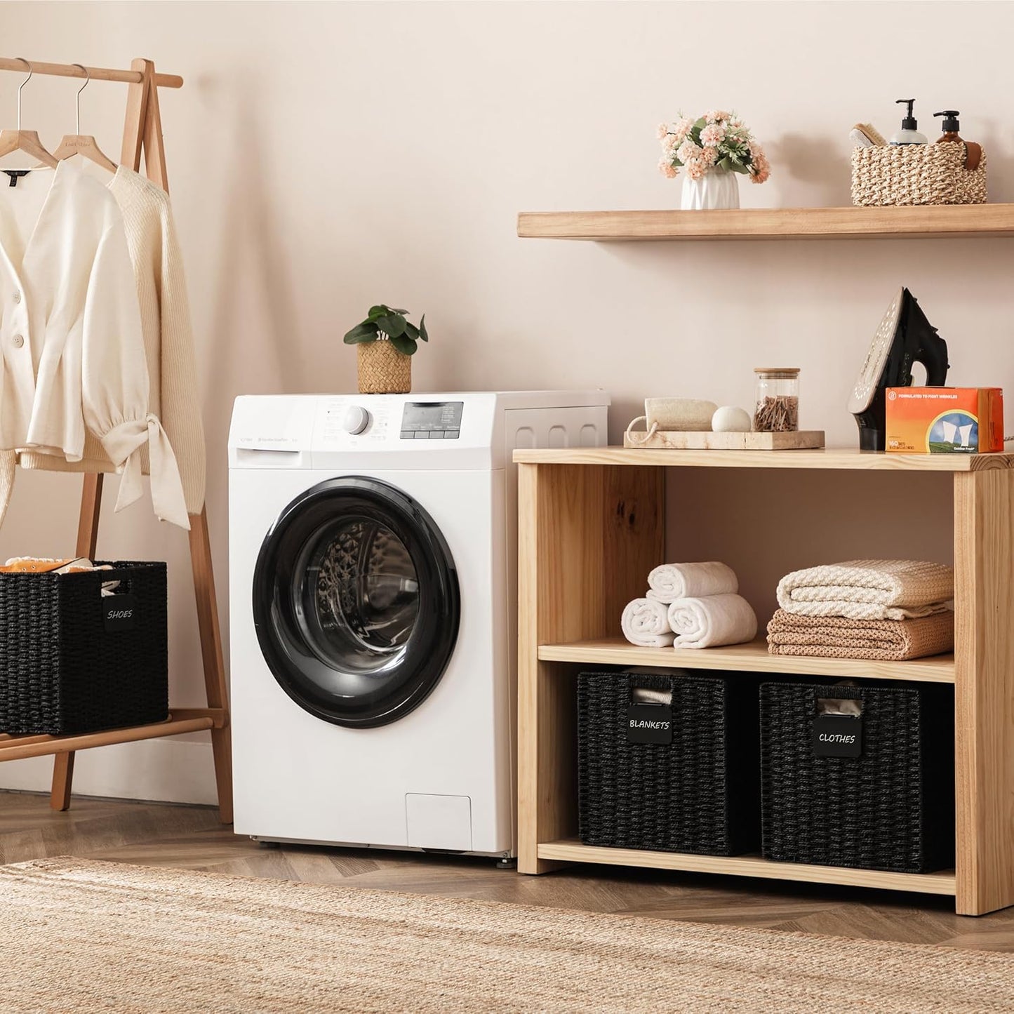 UBBCARE 4 Pack Wicker Basket, 10.5×10.5 Storage Cubes with Label, Foldable Cube Storage Bin with Handle, Square Storage Basket for Shelves, Woven Paper Rope Basket for Organizing, Black