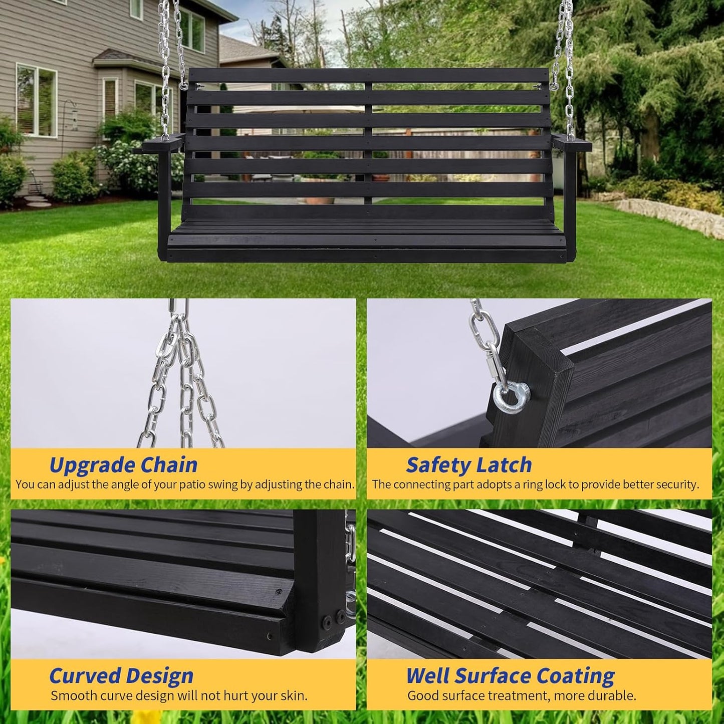 Wooden Porch Swing with Cup Holder, Outdoor Patio Swing Bench for Courtyard & Garden, Upgraded 4 FT Heavy Duty 880 LBS Porch Swing, Outdoor Swing with Hanging Chains, Black