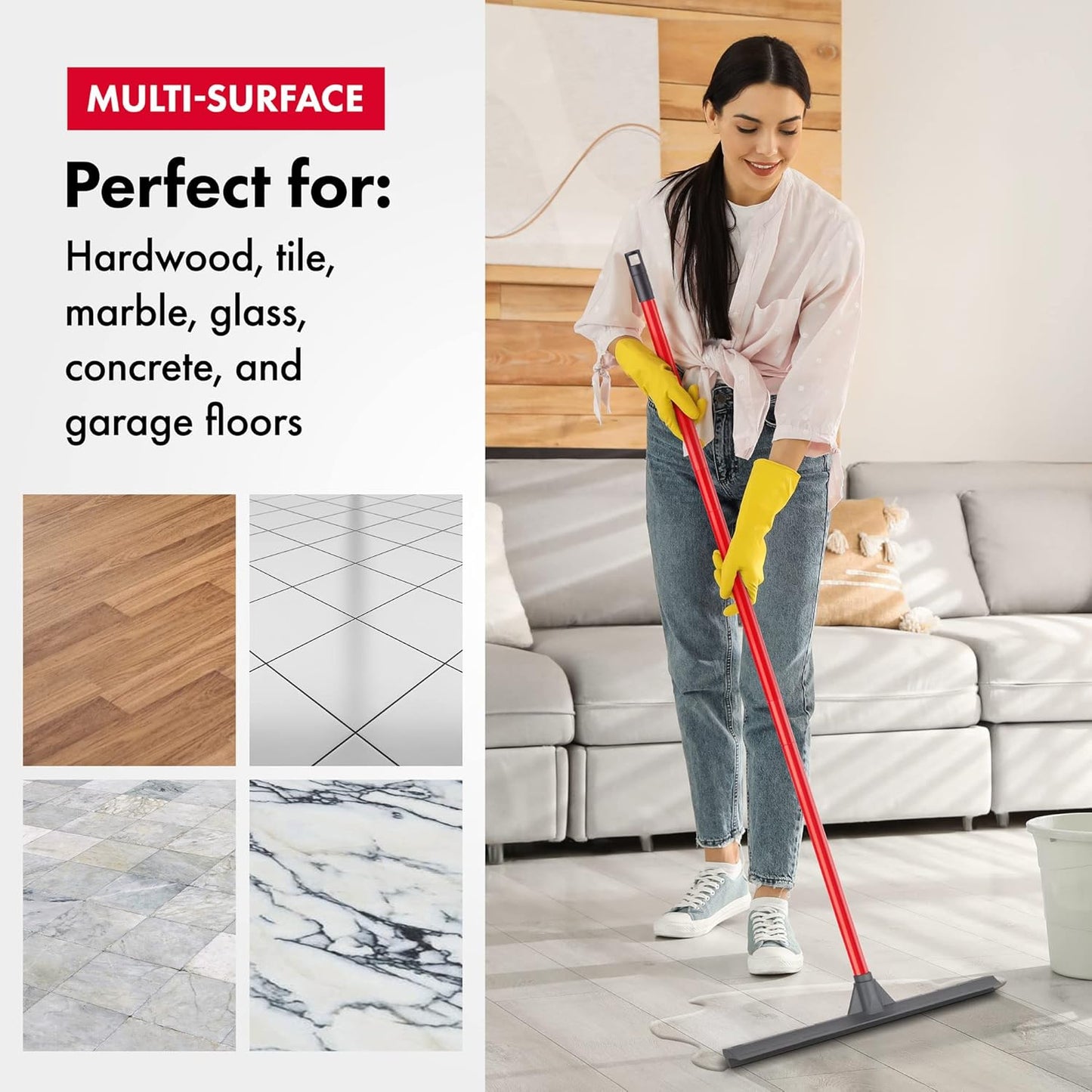 Tyroler Floor Squeegee for Concrete Floor, 17" Heavy Duty Squeegee for Floor, Squeegee Broom for Floor with 55" 4 Part Handle Perfect for Tiles, Marble, Garage, Deck, Patio, Bathroom, Shower, Window