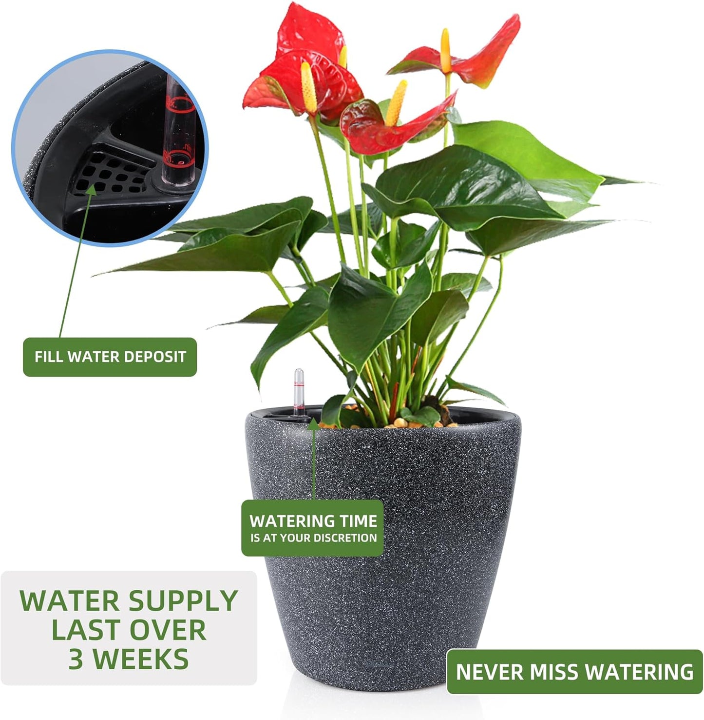 Dexceder 18x17 Self Watering Planter with Wheels Indoor Outdoor, Inner Pot Design, Thickened Large Floor Standing Flower Plant Pot with Water Level Indicator (Stone Matte)