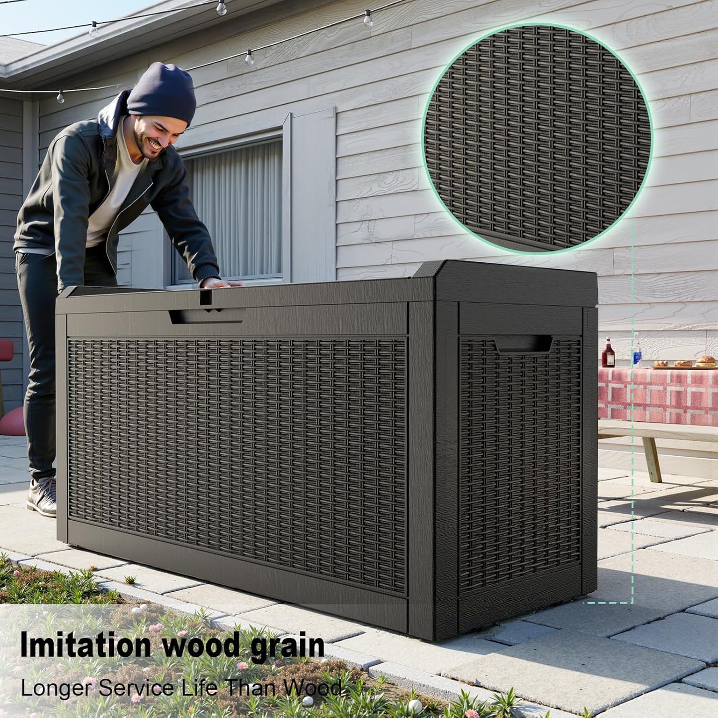 60 Gallon Resin Deck Box, Lockable Outdoor Storage Box for Patio Cushions Storage Furniture,Garden Tools, Pool Supplies, Weatherproof and UV Resistant（Black Rattan）