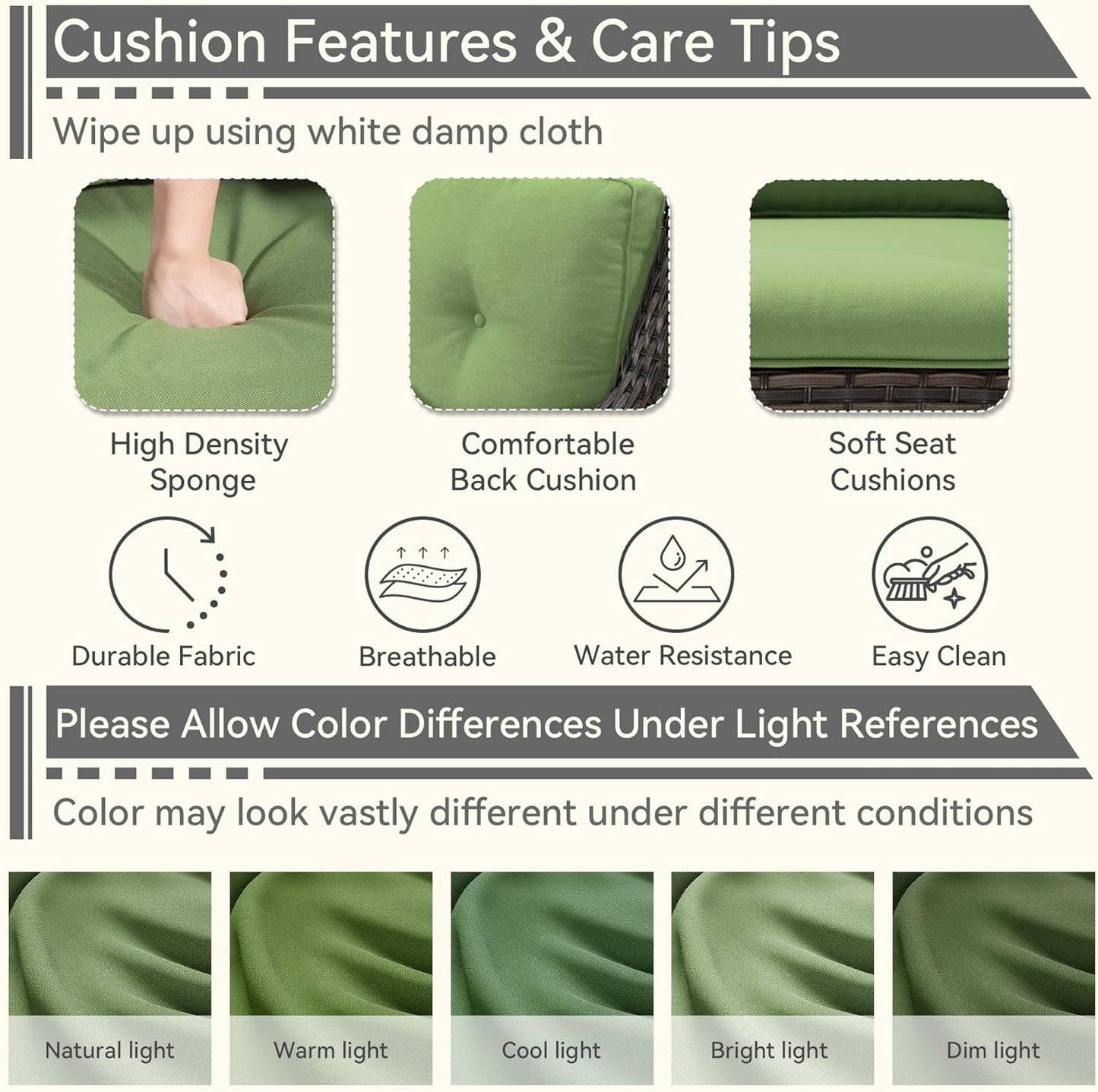 1 PC Outdoor Rocking Chair, Wicker Patio Rocker Chair for Yard, Porch, Mixed Brown Grey Rattan, Green Cushions