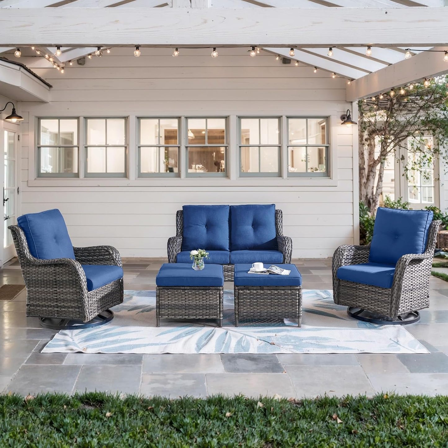 5 Piece Outdoor Patio Furniture Set - Wicker Furniture Patio Conversation Set, Outdoor Swivel Rocker Chairs with Loveseat Sofa and 2 Ottomans for Small Space, Blue Cushion