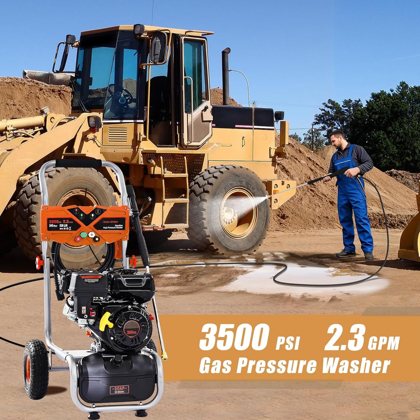 3500 PSI Gas Pressure Washer, 2.3 GPM Heavy-Duty High-Power Cleaner with 209CC 7HP Engine, 25Ft Hose, Axial Aluminum Pump, Soap Tank & 4 Quick-Connect Adjustable Nozzles (Orange)