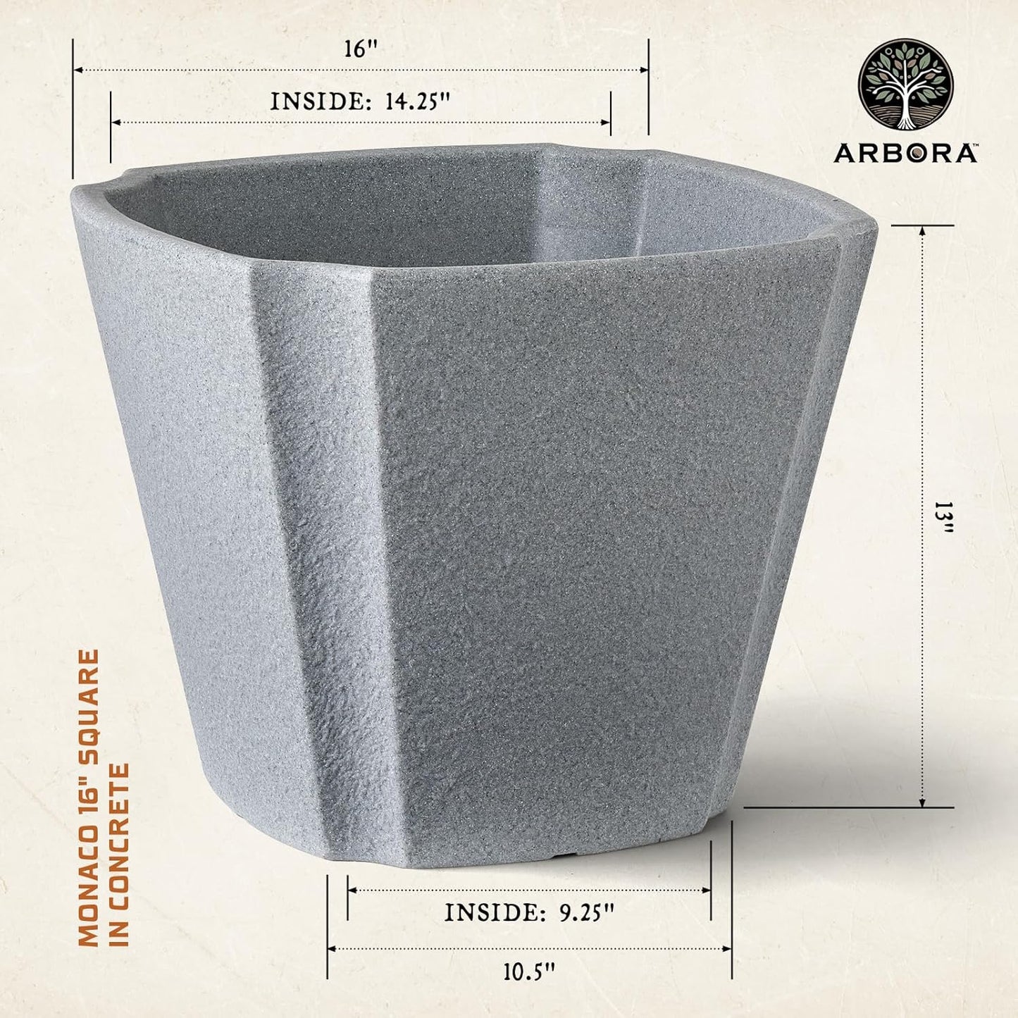 ARBORA 16" Monaco Square Polyresin Indoor and Outdoor Planter with Stone Blend Concrete Gray Finish - Durable, Weatherproof, Lightweight, Large Plant Pot for Patio, Garden, Deck, Entryway