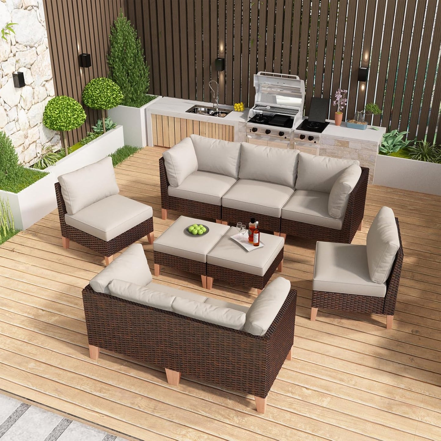 HUMMUH Patio Furniture Set, 9 Pieces Outdoor Modular Sectional Couch Chairs with Ottomans,All Weather PE Wicker Patio Conversation Sets for Garden Porch Backyard