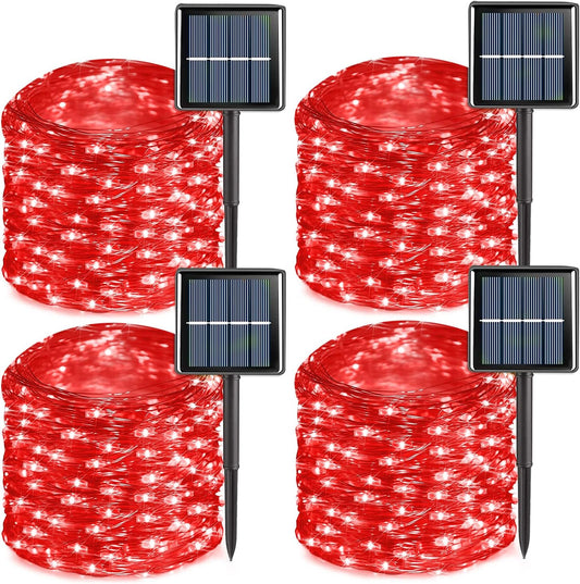 YEGUO Red Halloween Lights Outdoor Waterproof, 4 Pack Each 33ft 100 LED Solar Fairy Lights, 8 Modes String Light for Outside