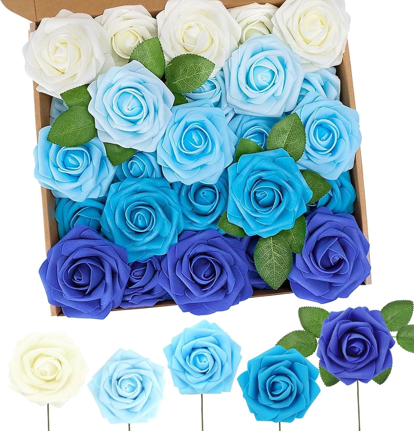 N&T NIETING Blue Roses Artificial Flowers, 50pcs Fake Flowers Rose Perfect for DIY Wedding Bridesmaid Bridal Bouquets Centerpieces Home Flower Arrangement Decoration, Series Blue