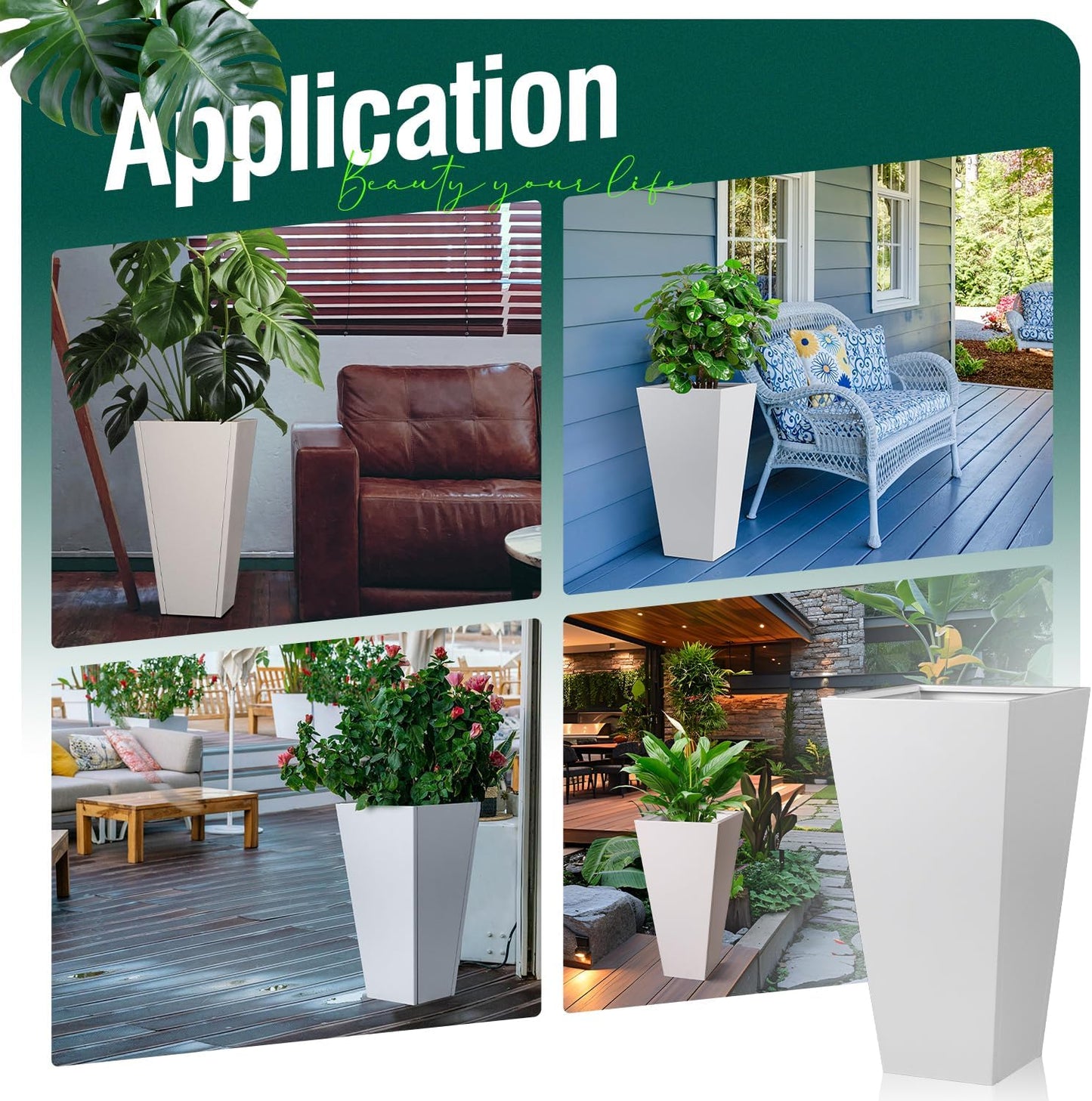 Tall Tapered Planter Taper Metal Modern Flower Plant Pot White Square Galvanized Steel Planter 26 in Indoor Outdoor for Front Porch Garden Patio Grande Plant Tree Commercial Residential Heavy Duty