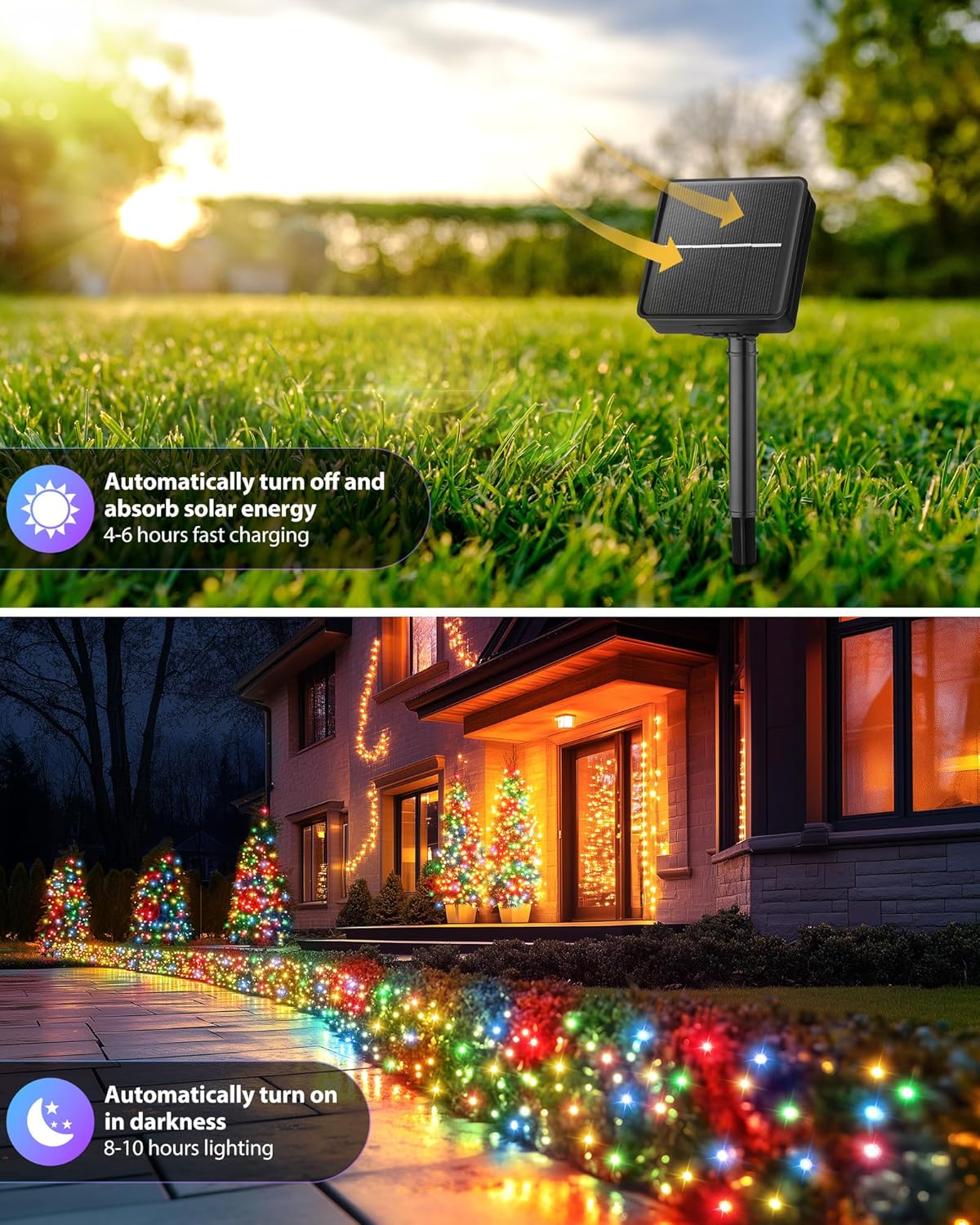 Brightown 2 Pack Solar String Lights Outdoor, Each 46Ft 120 LED Solar String Lights for Outside with 8 Modes, IP65 Waterproof Solar Outdoor Lights for Patio Garden Christmas Decorations, Multicolor