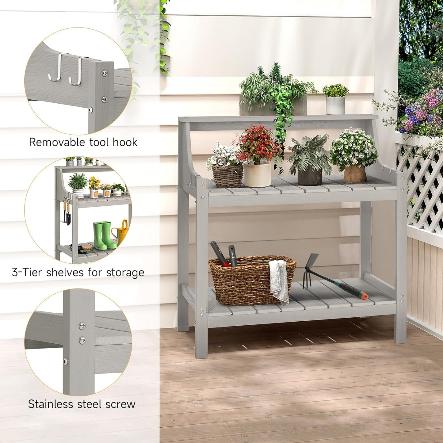 Potting Bench Table, HDPS Potting Bench with 4 Side Hooks, All-Weather Garden Table Work Station, Outdoor Potting Table for Porch, No Rust, No Fade, No Break, 360lbs Capacity (Grey, Large)