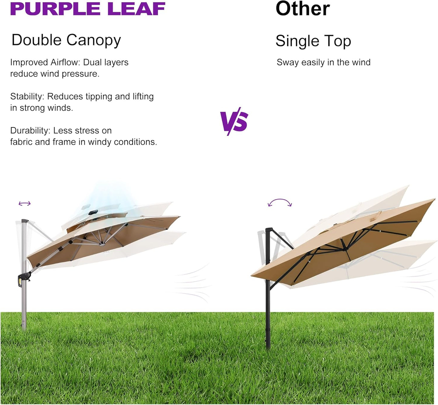 PURPLE LEAF 10ft Solar powered LED Patio Umbrella Outdoor Round Umbrellas Large Cantilever Umbrella with LED lights Windproof Offset Umbrellas Heavy Duty for Garden Deck Pool Patio, Beige