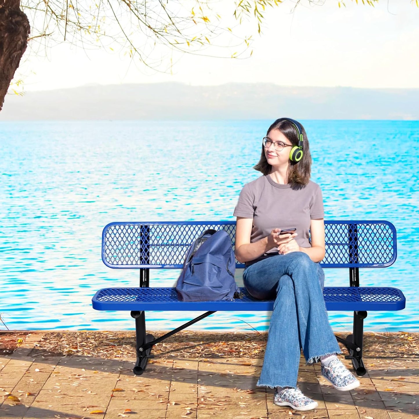 6Ft Outdoor Bench with Blue Portable Frame, Outdoor Steel Park Bench with Backrest, Expanded Metal Mesh Bench for Outside, Lawn, Backyard, Park, Deck, Garden, Patio, Porch, Blue