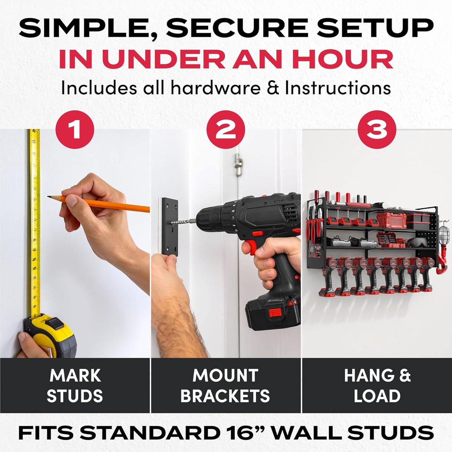 Power Tool Organizer Wall Mount - Power Tool Storage Rack with 3 Shelves, 8 Drill Holders, Bit Holder, Load 300 lbs, Pegboard Sides Storage for Tools- Garage Drill Organizer, Ultimate Workshop Station
