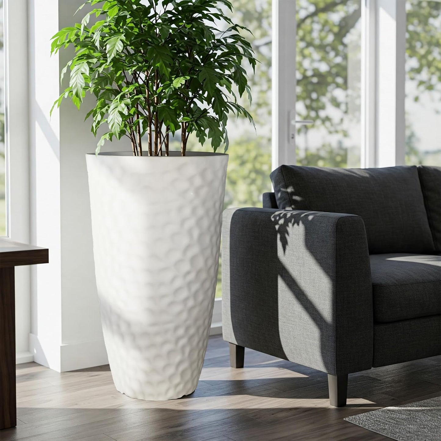 Worth Garden 24" H Tall Hammered Texture Planters Set of 2 - Matte White Plastic Flower Pot with Drainage Holes, Modern Outdoor Indoor Lightweight Pots for Large Plants, Durable Decor Containers