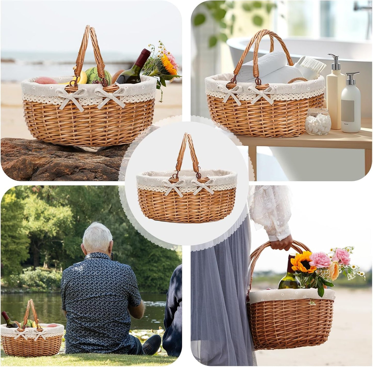 G GOOD GAIN Wicker Picnic Basket with Double Folding Handles,Willow Picnic Hamper,Natural Hand Woven Easter Basket,Easter Eggs and Candy Basket,Bath Toy and Kids Toy Storage,Gift Packing Basket.White