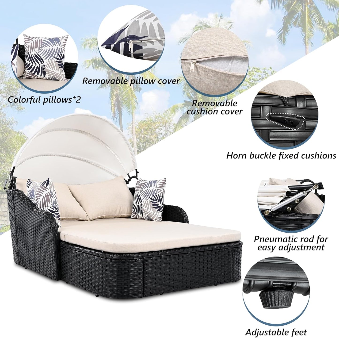 79.9" Outdoor Daybed with Retractable Canopy, PE Rattan Wicker Patio Daybed, 2-Seater Loveseat Lounge Bed Conversation Daybed, Black Wicker and Beige Cushion