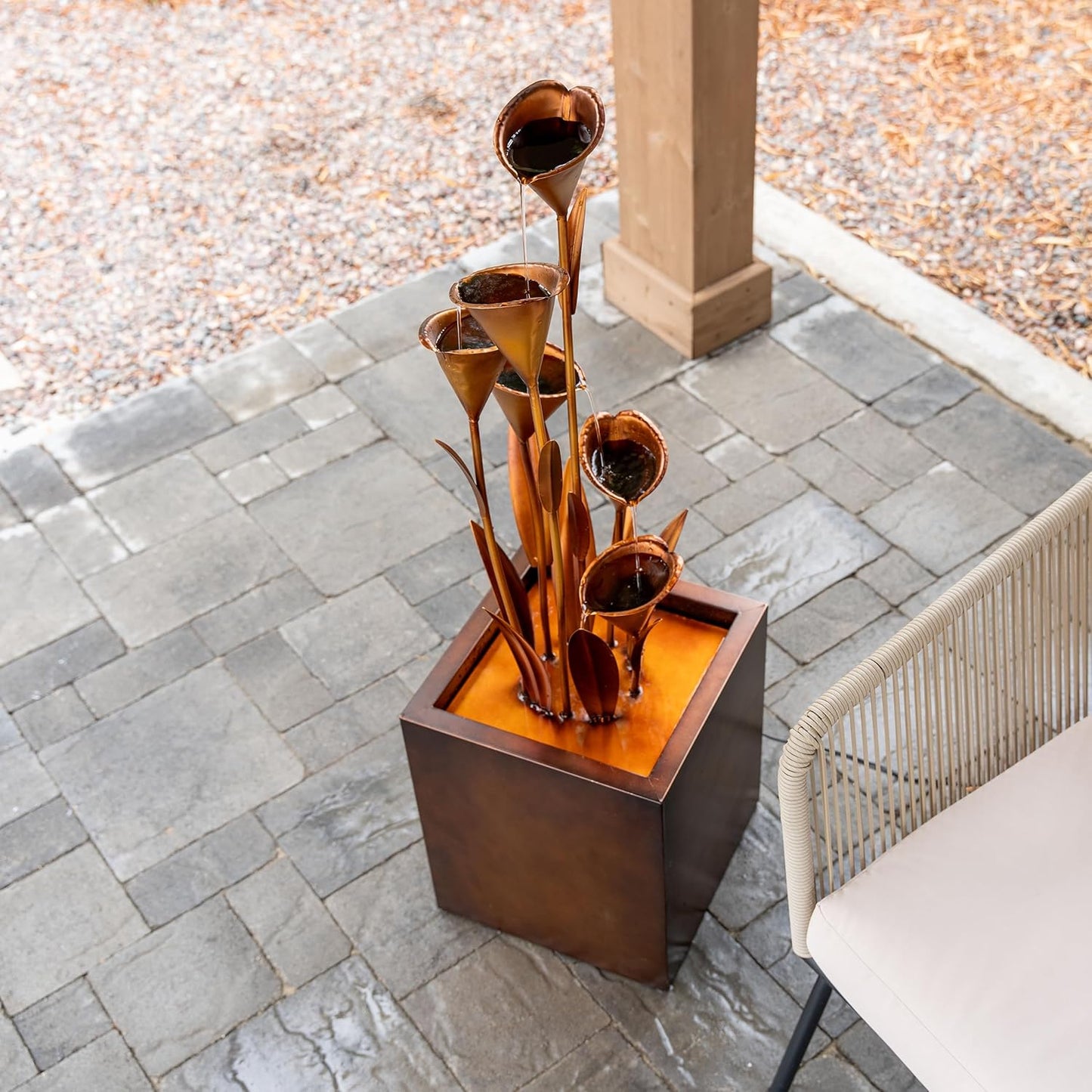 XBrand Freestanding Sculptural Metal Multi-Tiered Flower Water Fountain, No LED Lights, Bronze, 46" Tall