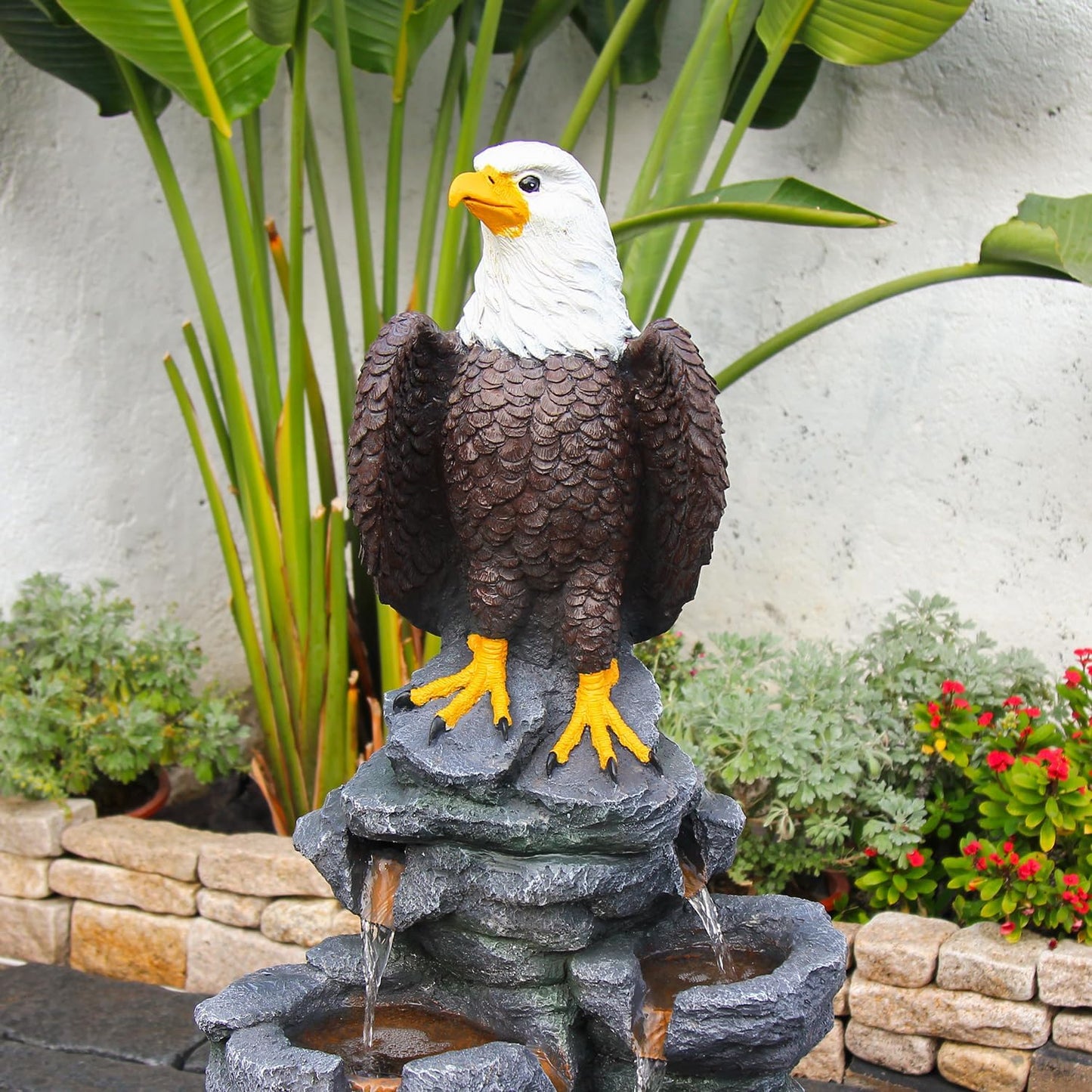 YZM Bald Eagle Statue Outdoor Fountain Tiered Cascading Rock Water Fountain Outdoor Garden Waterfall Decor for Garden Patio Backyard Deck Porch Outside Water Feature 39.76" H
