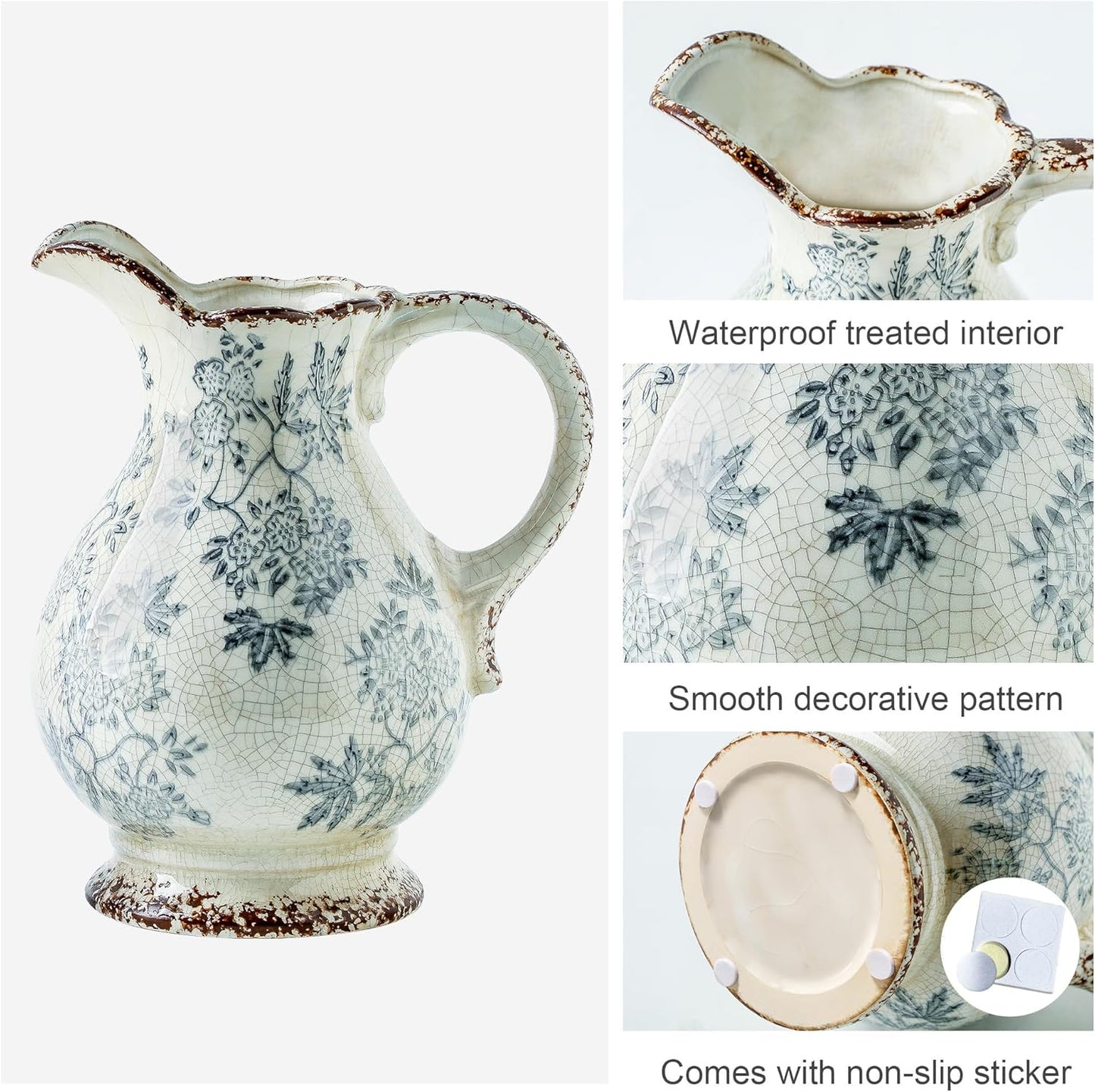 Enra Large Vintage Blue and White and Pitcher for Home Decor, 9.7 Inch Rustic Chinoiserie Decorative Vases, Green and Beige Ceramic Vases for Living Room, Kitchen, Office – Large Vases for Decor