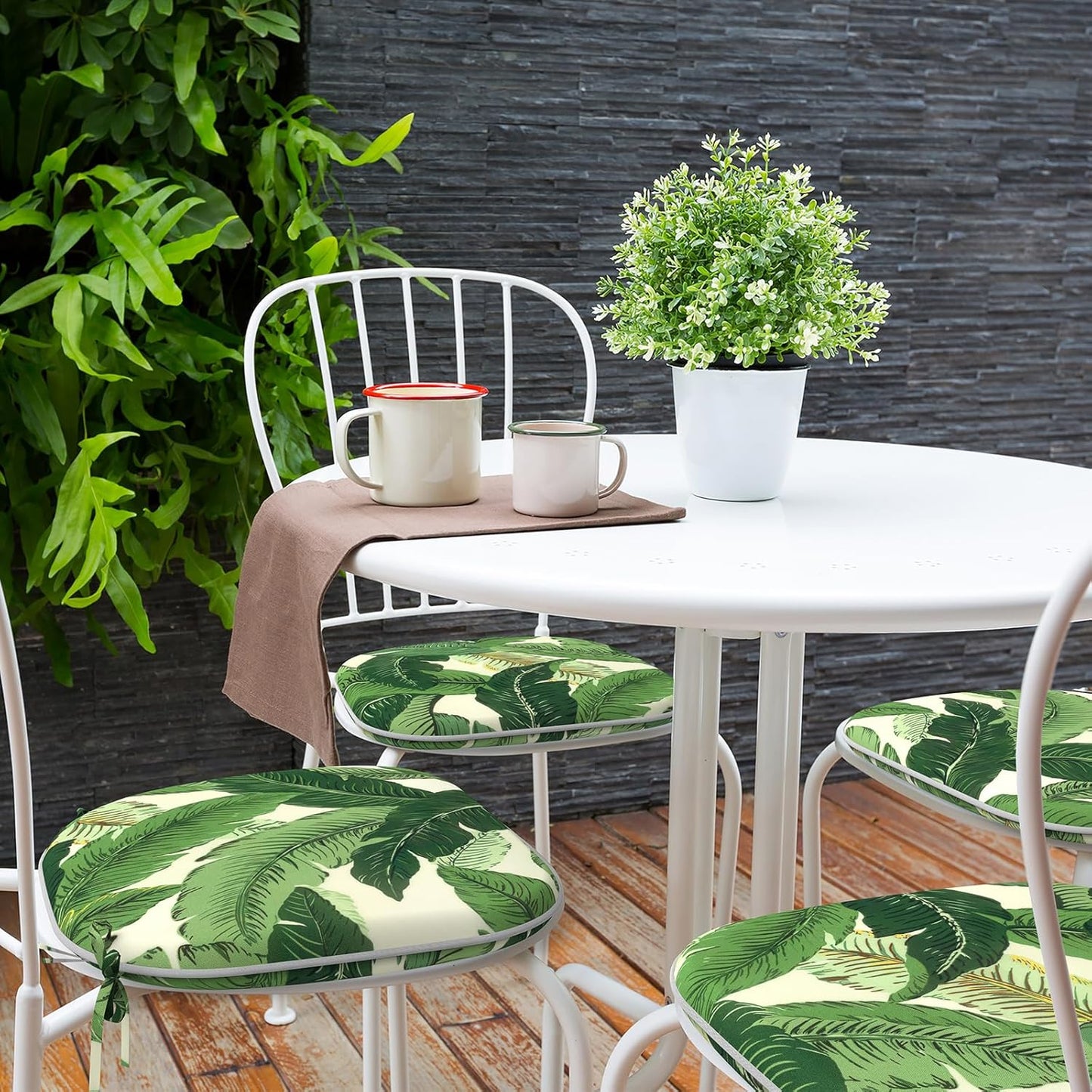 Indoor/Outdoor Chair Cushions 16x17 Inch, Patio Chair Cushions with Ties, All Weather Seat Cushions for Patio Furniture Home Garden Chair Use, Set of 2, Swaying Palms Green