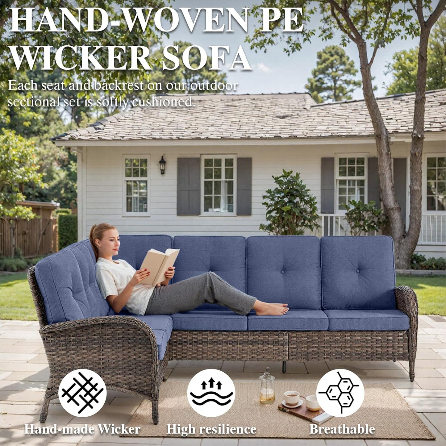 HUMMUH Outdoor Patio Furniture Set,L-Shaped Sectional Couches with Swivel Patio Chairs,Wicker Conversation Set for Deck,Backyard,Porch,Garden