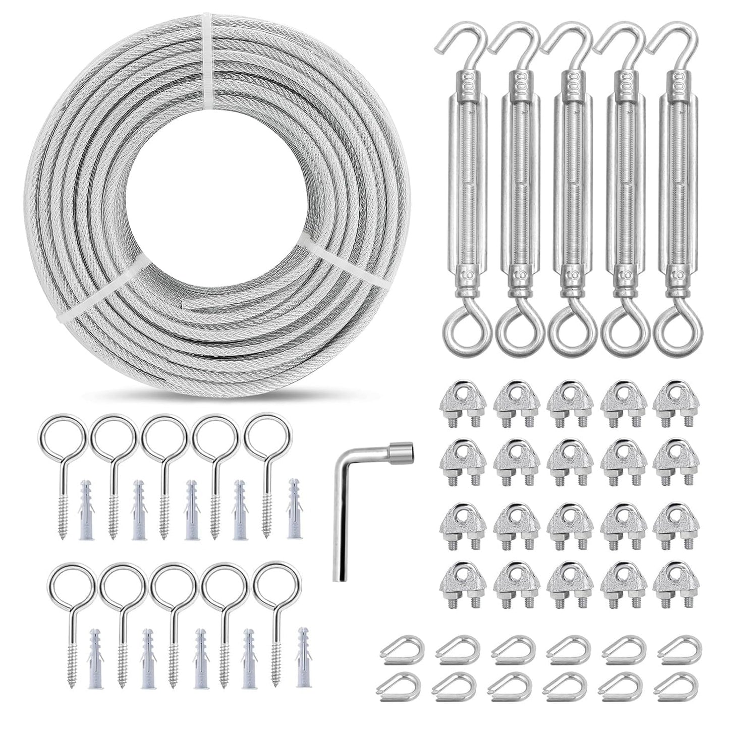 M6 Turnbuckles for Cables Wire Kit, 1/8" PVC Coated Steel Cable Kit w/ 7×7 Strand Core & 100Ft Wire Rope Tensioner Strainer for String Light Hanging/Deck Stair Railings/Shade Sail/Clothes Line