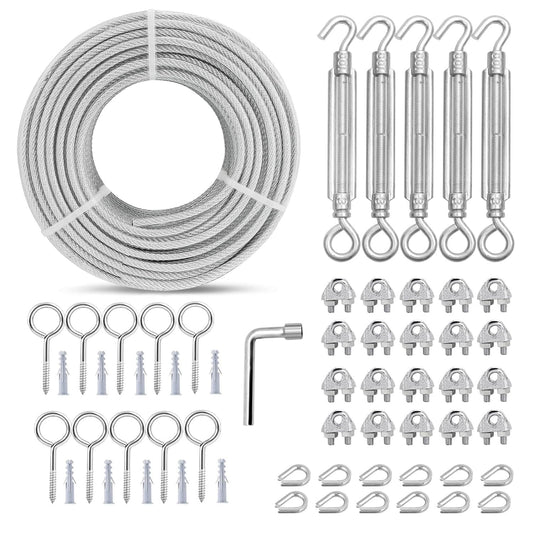 M6 Turnbuckles for Cables Wire Kit, 1/8" PVC Coated Steel Cable Kit w/ 7×7 Strand Core & 100Ft Wire Rope Tensioner Strainer for String Light Hanging/Deck Stair Railings/Shade Sail/Clothes Line