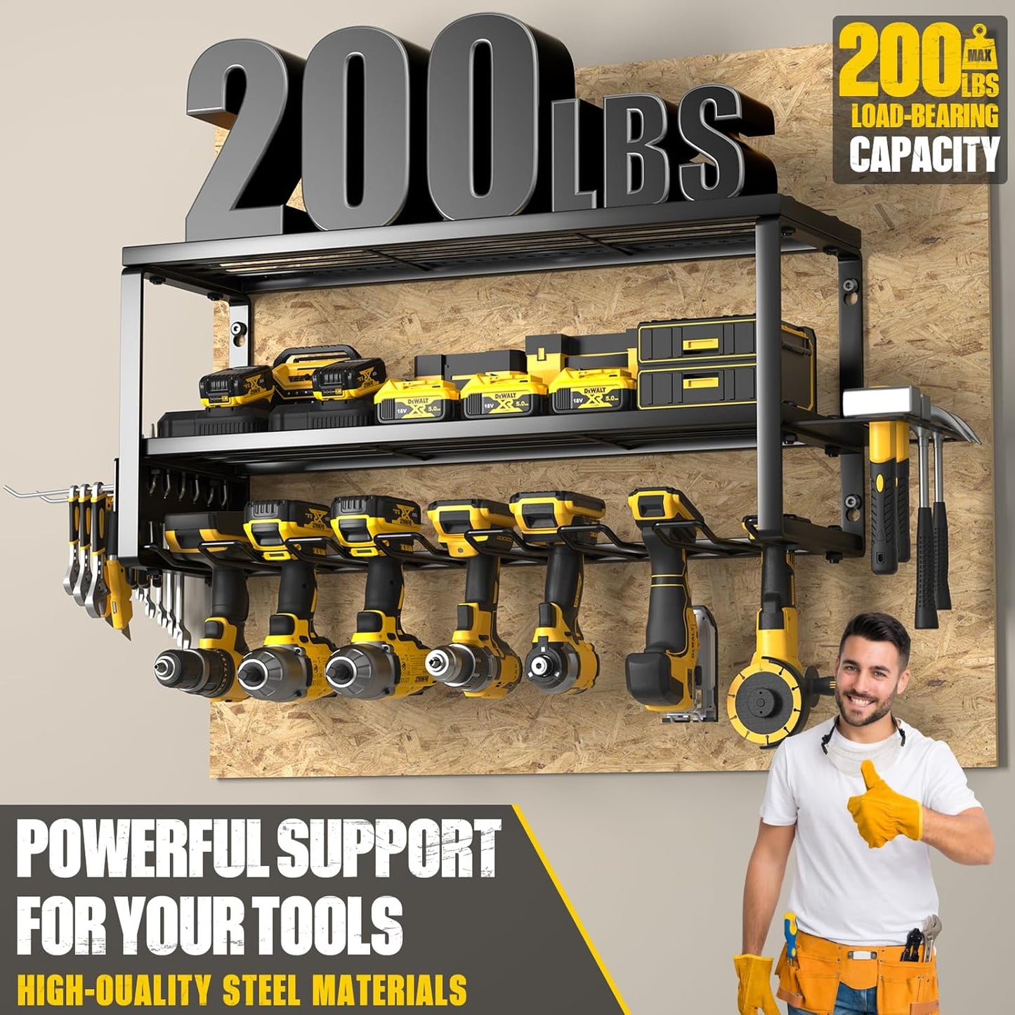 Power Tool Organizer Wall Mount for Tool Storage, Heavy Duty 7 Slots Cordless Drill Holder and Battery Shelf, Metal Tool Holder and Storage Rack with Charging Station for Garage Organization