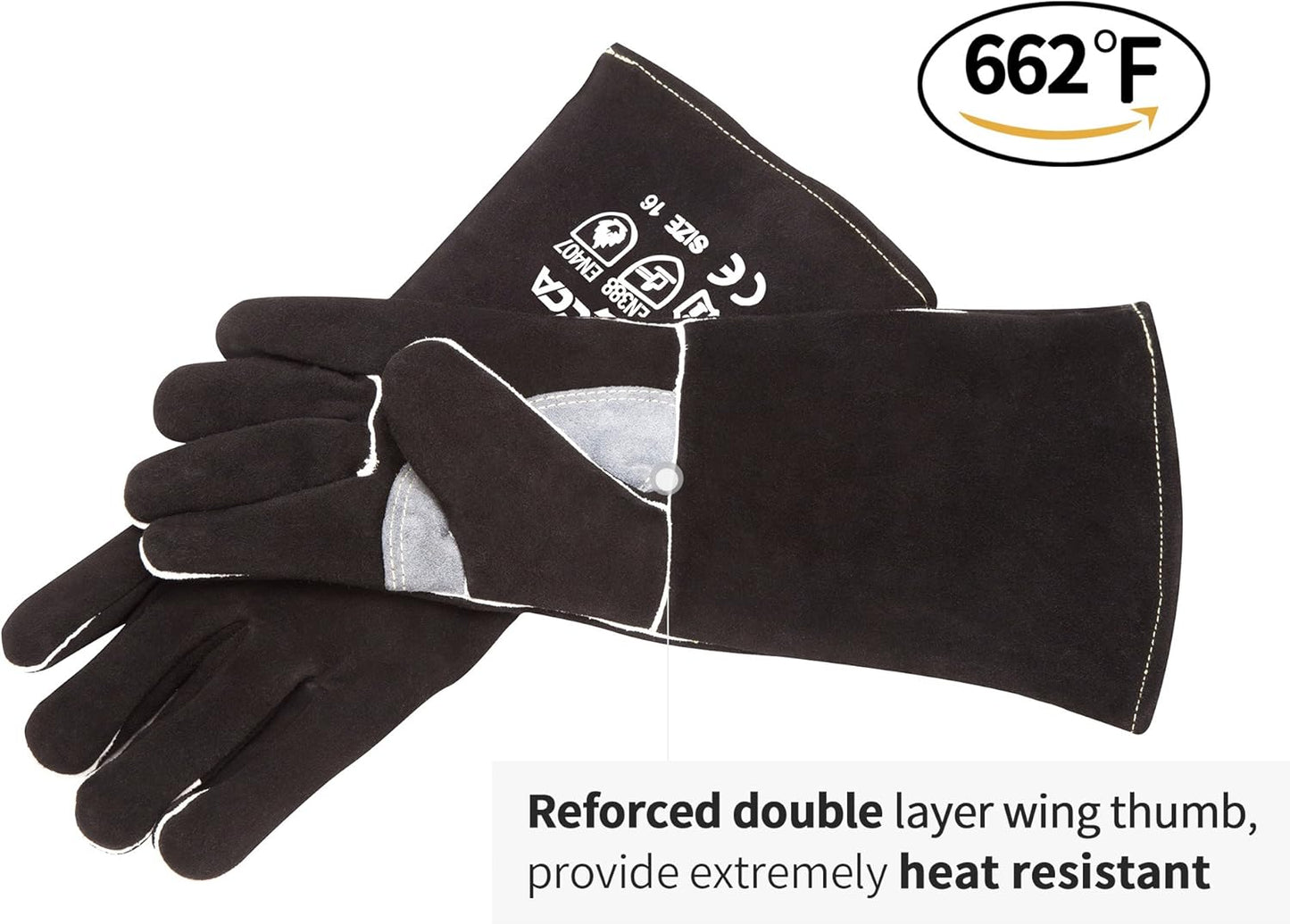 RAPICCA Welding Gloves Fire Heat Resistant: Black 16IN - Fireproof Leather For Stick Mig Flux-Core Welder Forge Blacksmith Fireplace Wood Stove Fire Pit Furnace Handling Dry ice - One Size 662℉