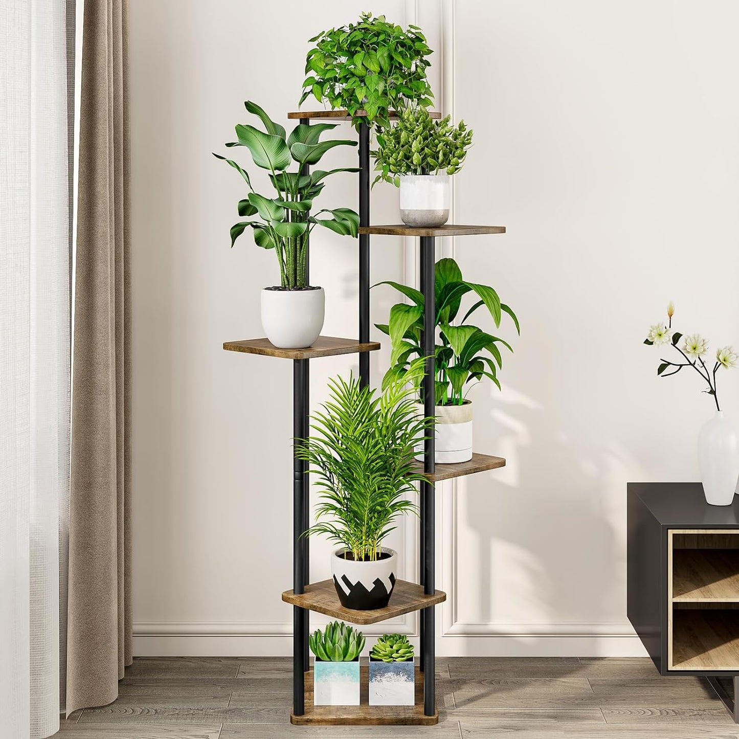 AZERPIAN Plant Stand 6 Tier Indoor Metal Flower Shelf for Multiple Plants Corner Tall Flower Holders for Patio Garden Living Room Balcony Bedroom, Black